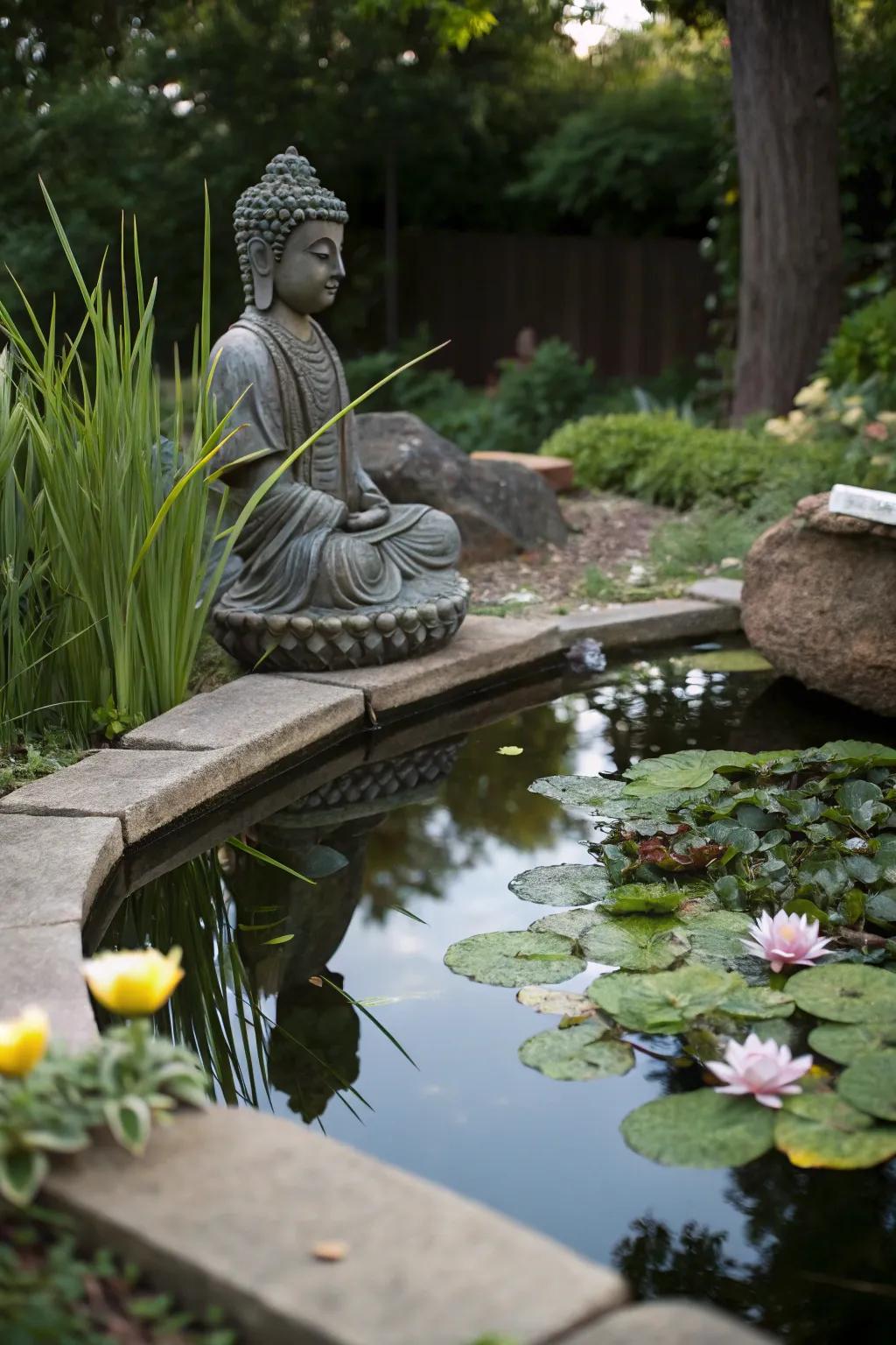 A tranquil pond adds to the serene atmosphere of the garden