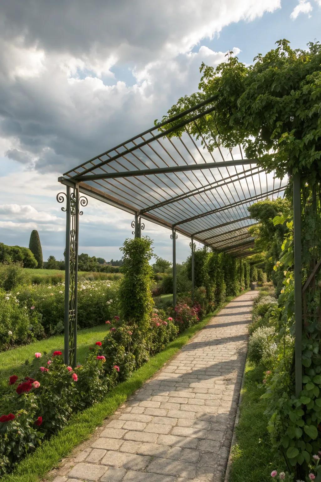 A garden enhanced by a pergola-style metal awning perfect for gatherings.