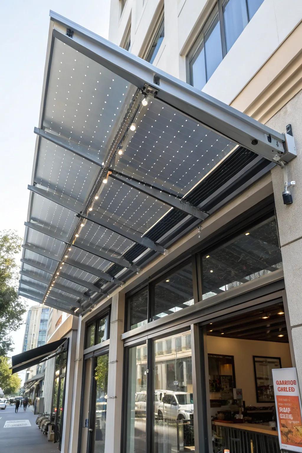 A modern metal awning equipped with integrated solar panels.