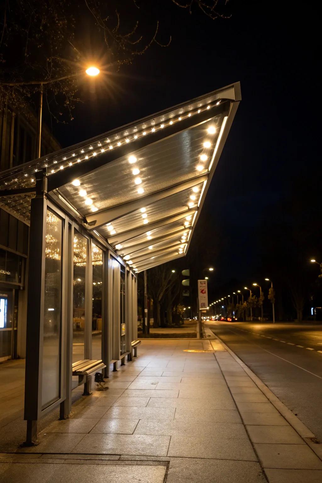 A metal awning beautifully illuminated with built-in LED lights.