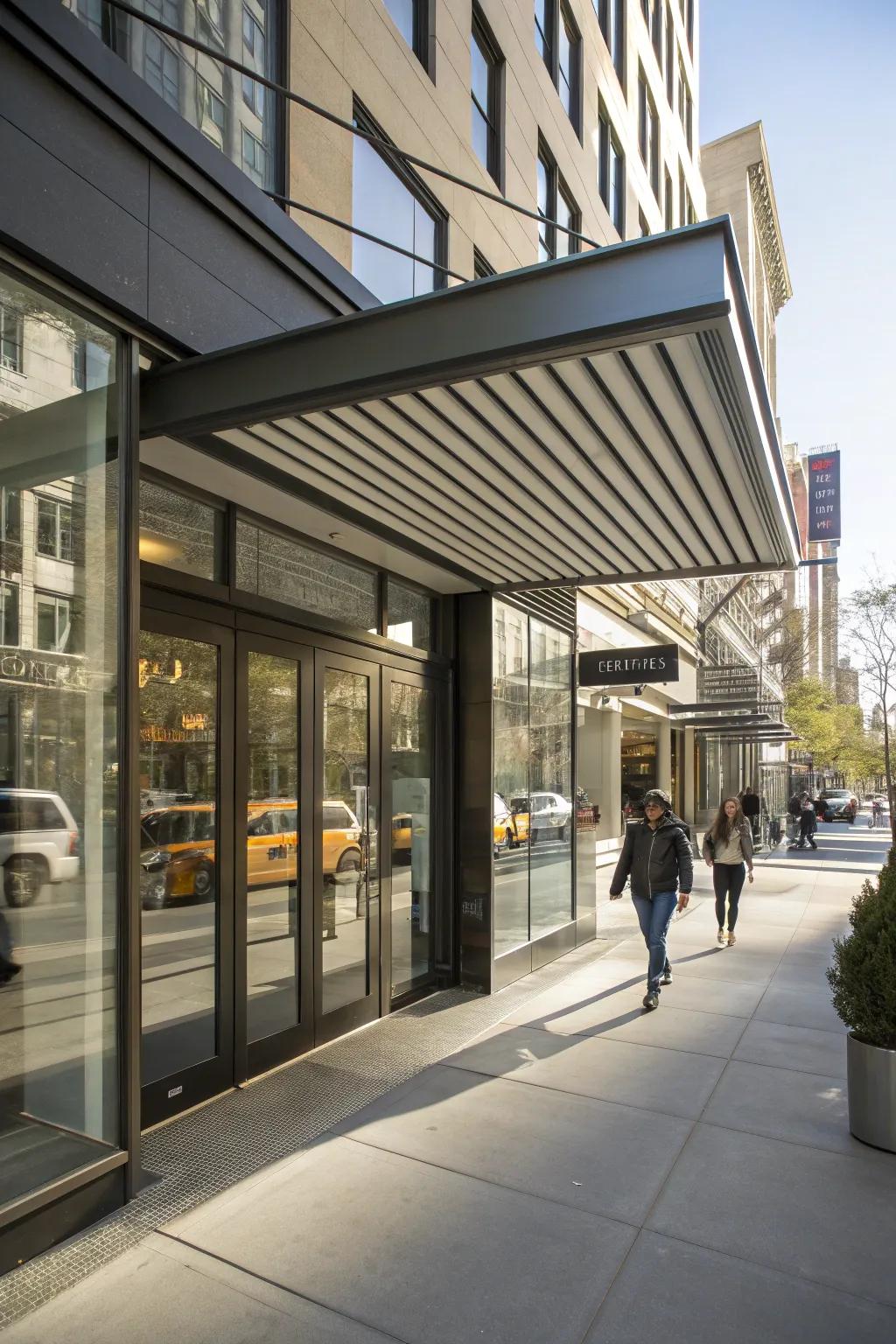 A chic commercial space featuring a stylish metal awning.