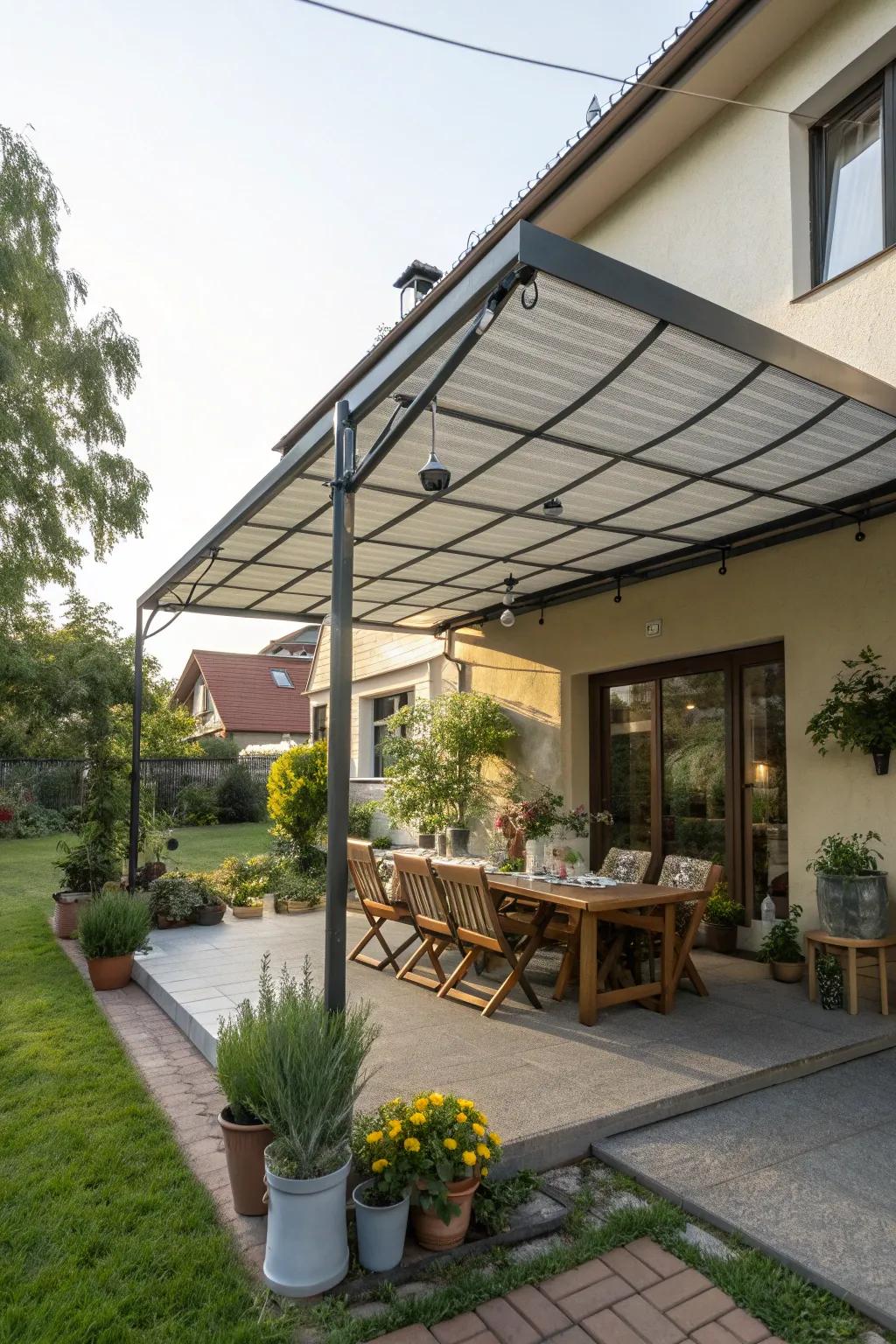 A comfortable patio area enhanced by a large metal awning.