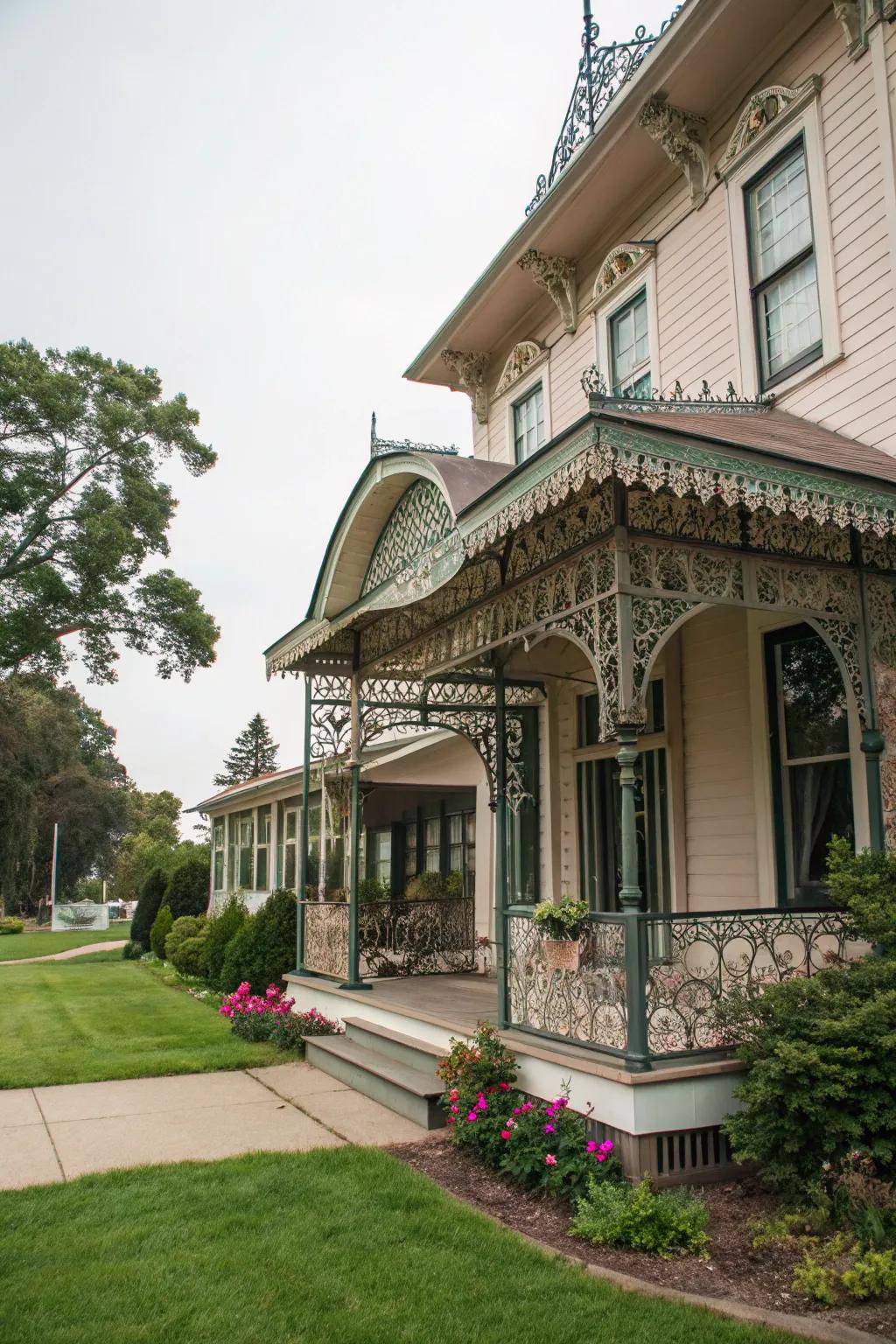 A vintage home adorned with an ornate, decorative metal awning.