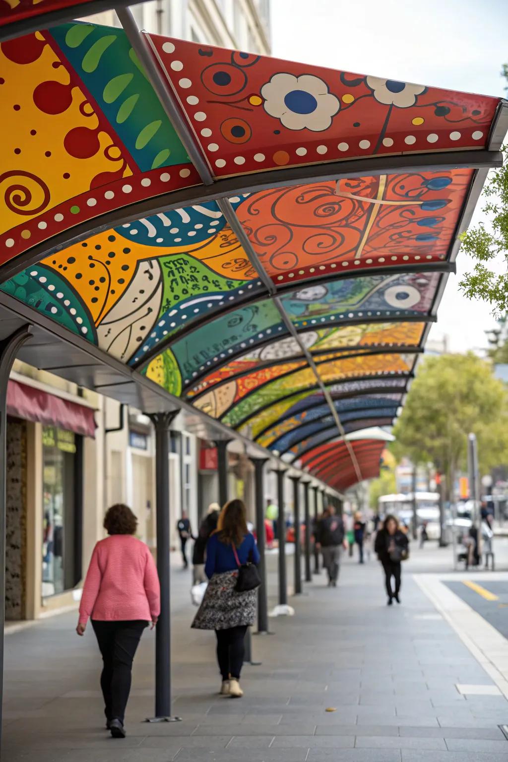 A collection of colorful metal awnings showcasing diverse patterns.
