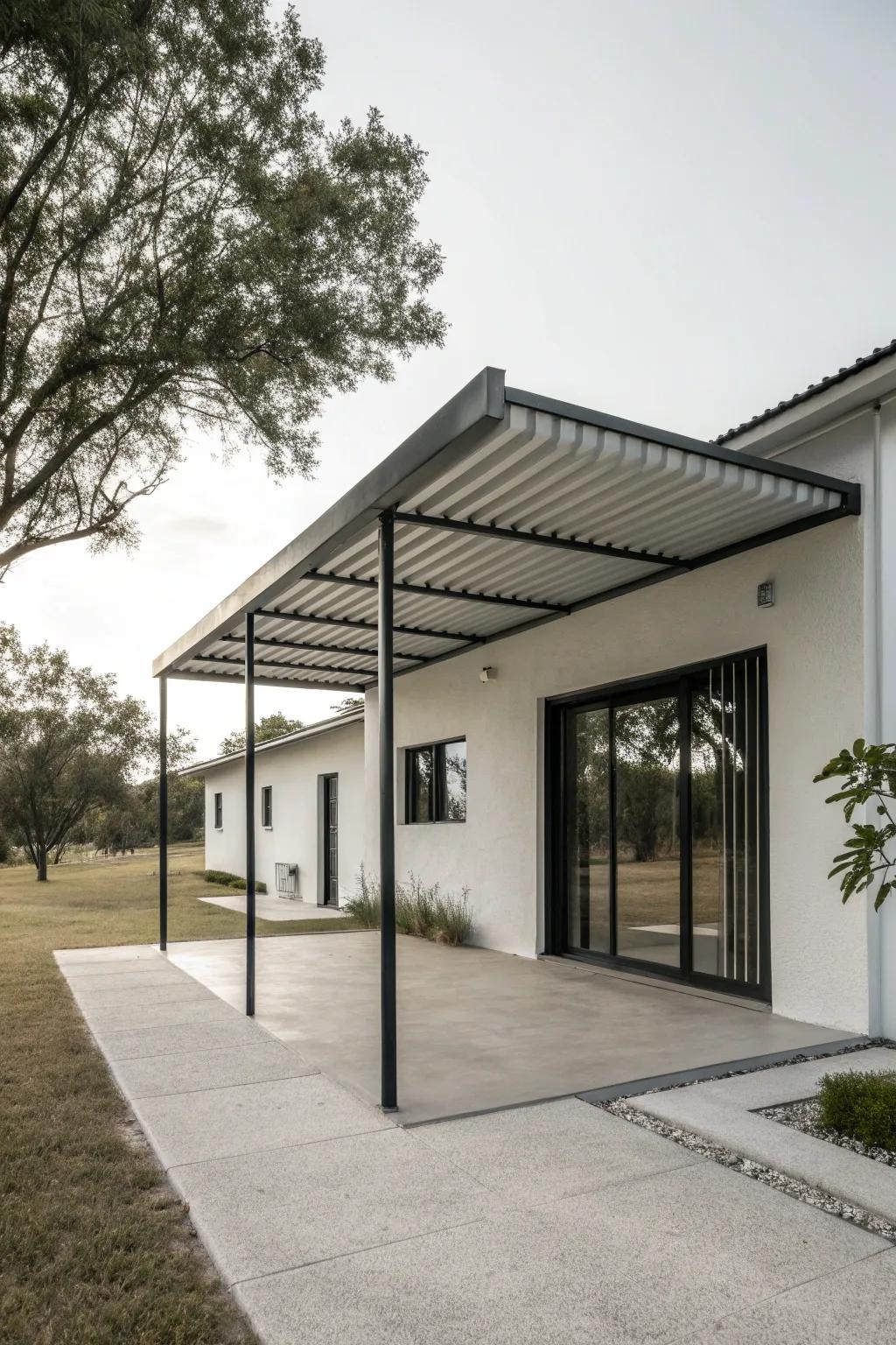 A minimalist home enhanced with a simple, elegant metal awning.