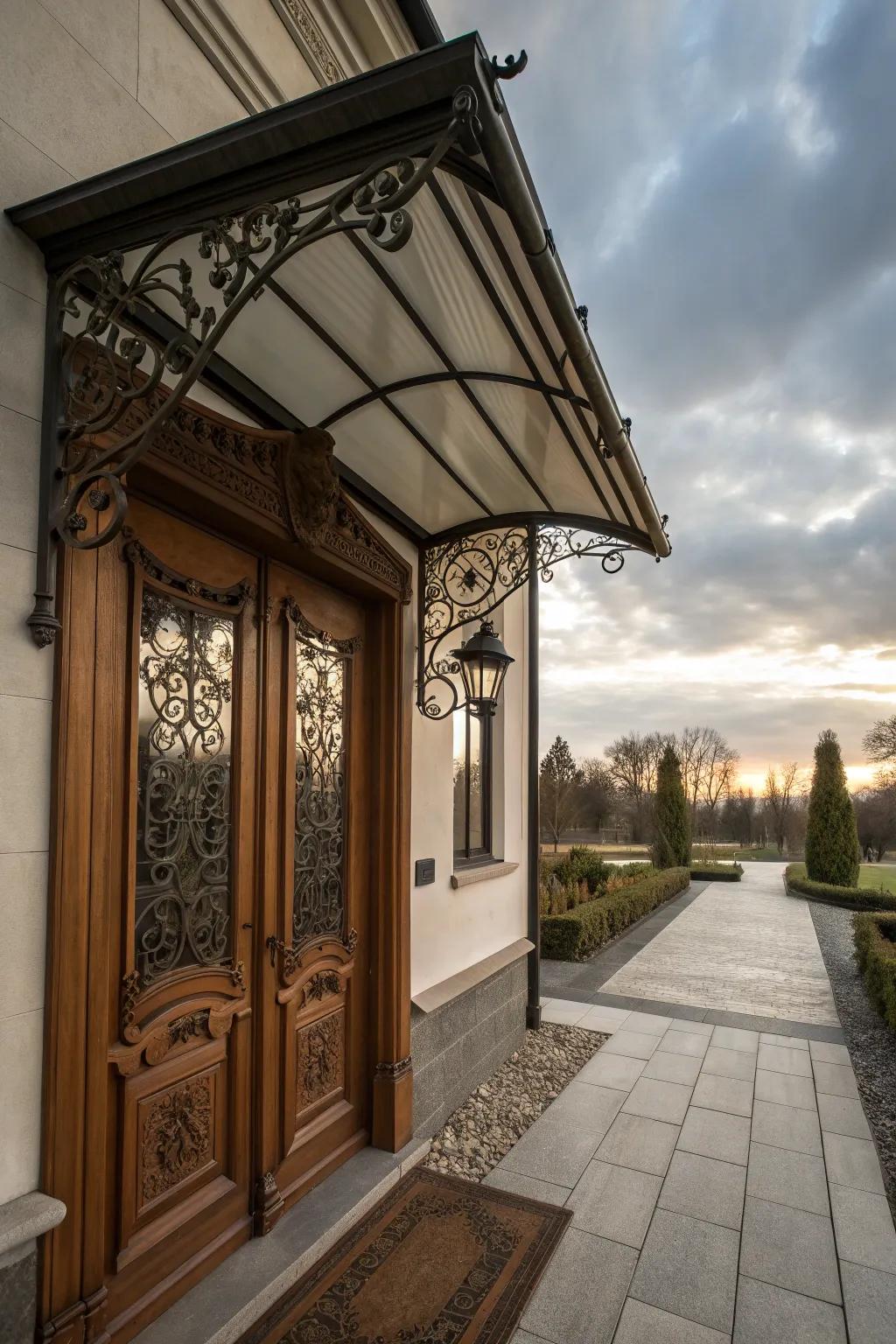 A welcoming front door shielded by a functional metal awning.