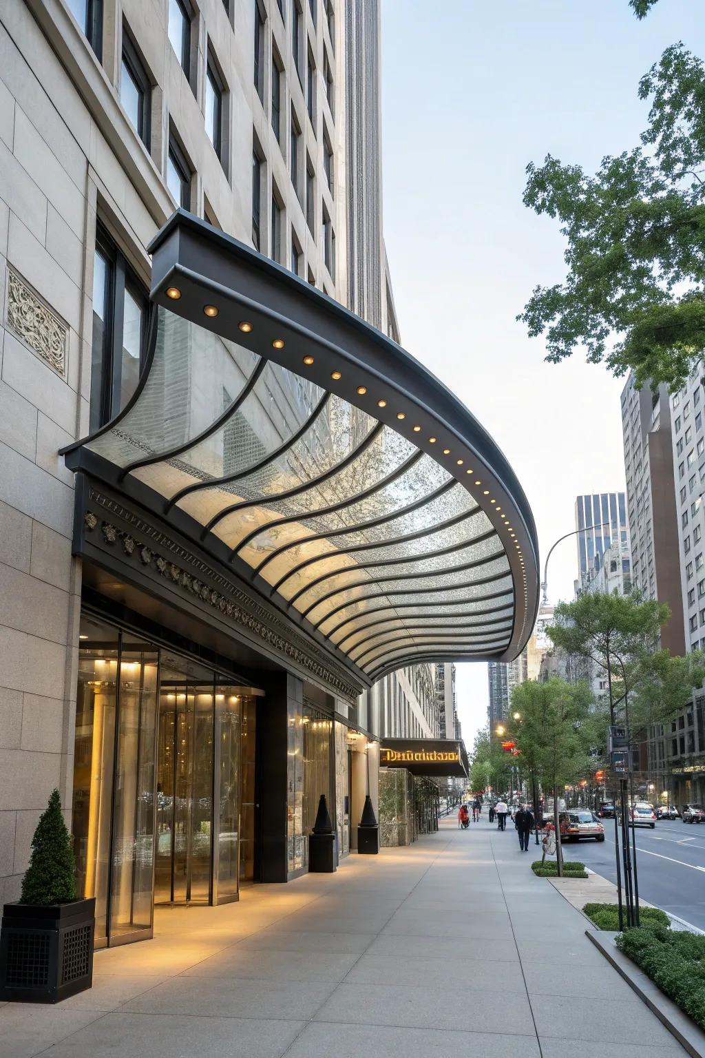 A building showcasing a sleek, curved metal awning.