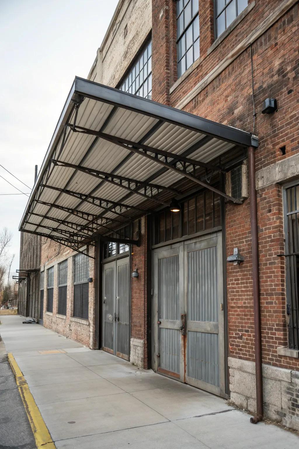 An industrial-style building complemented by a rugged metal awning.