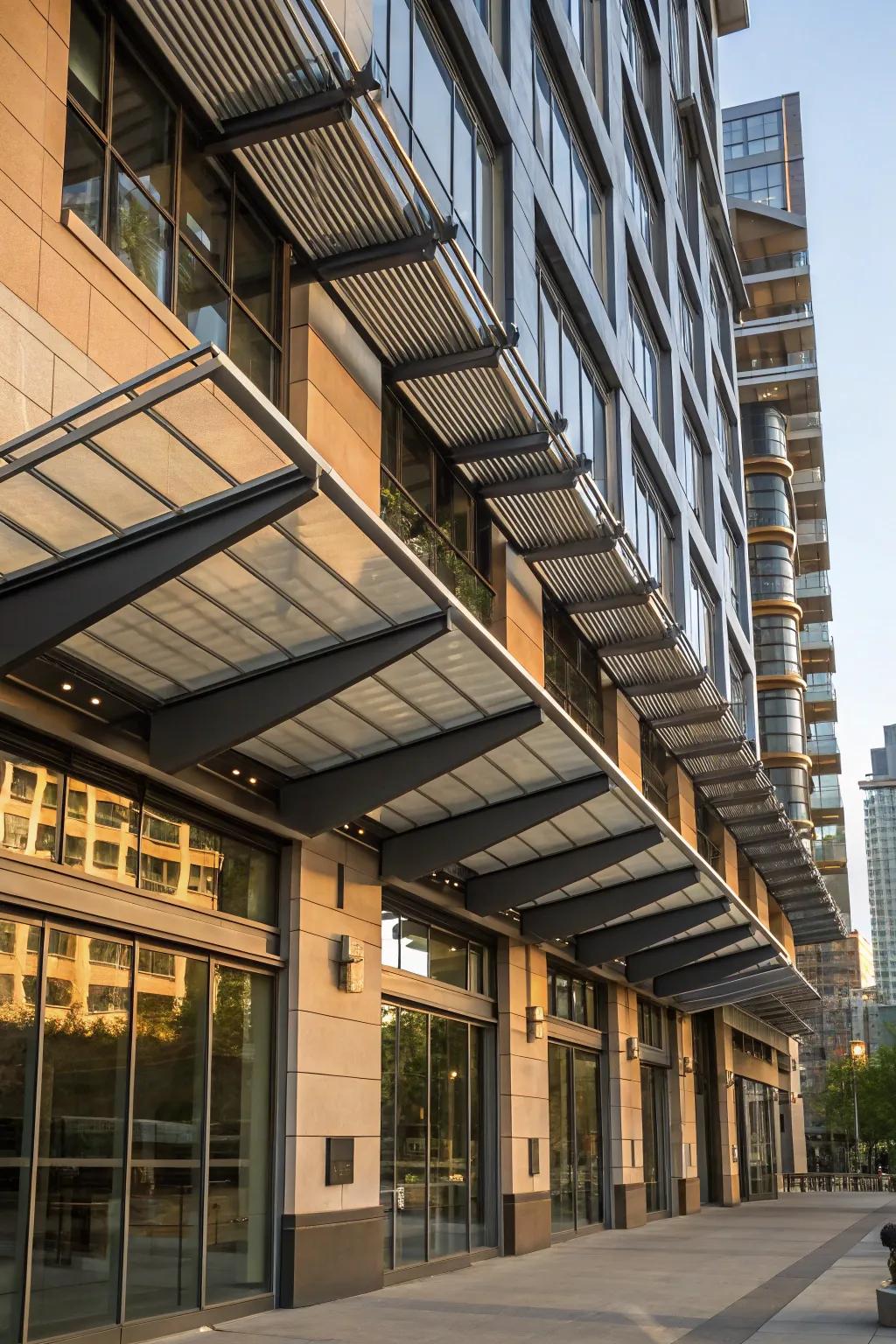 A building featuring eye-catching multi-level metal awnings.