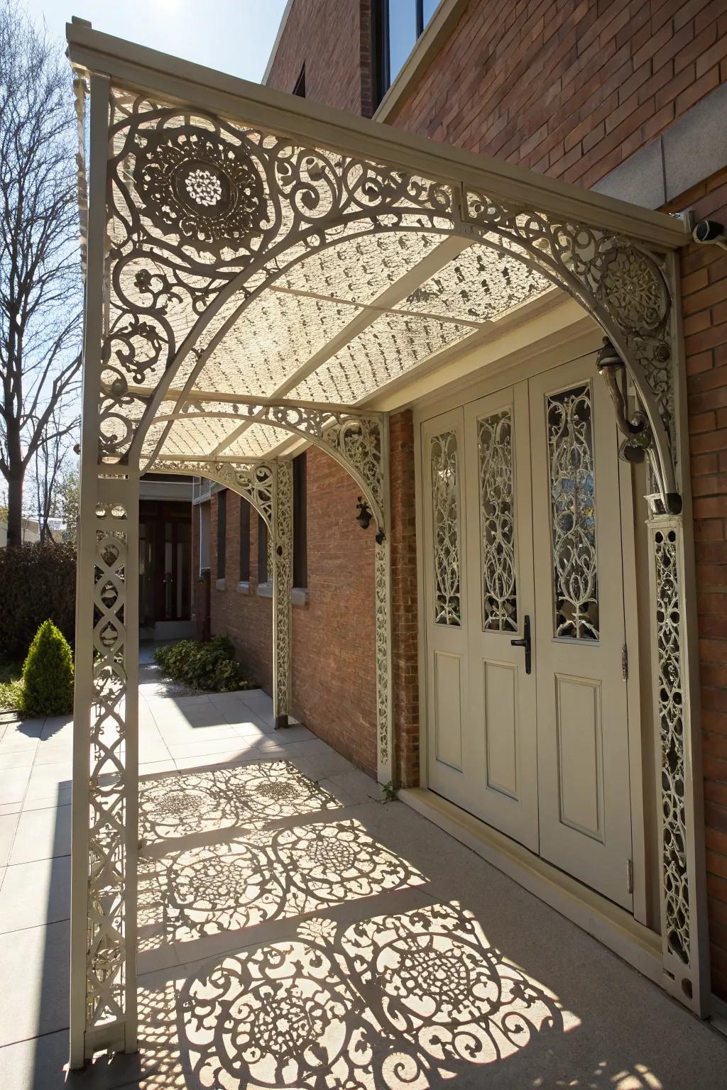 An artistic metal awning with intricate laser-cut designs.