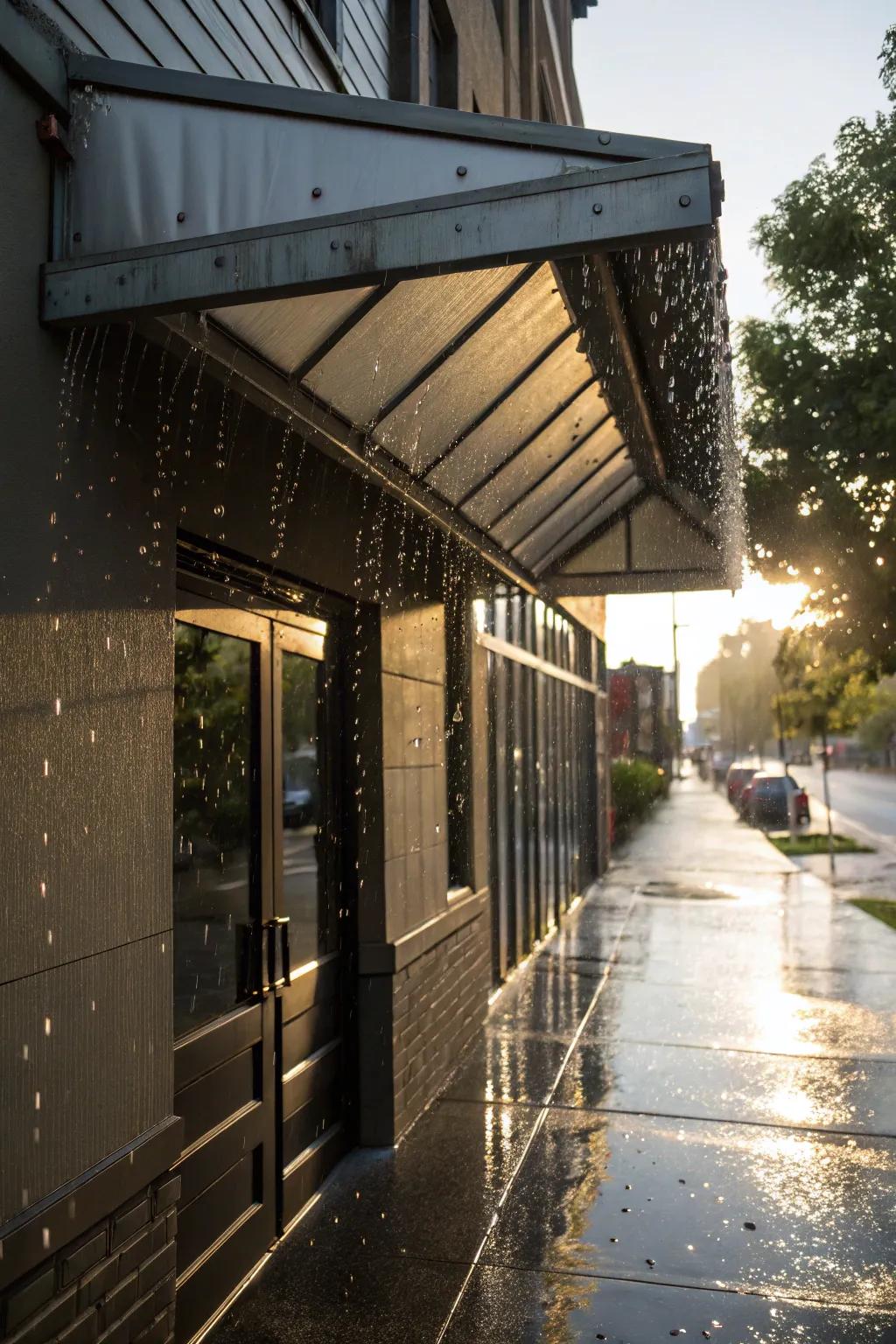 A metal awning designed with weather-resistant features for durability.