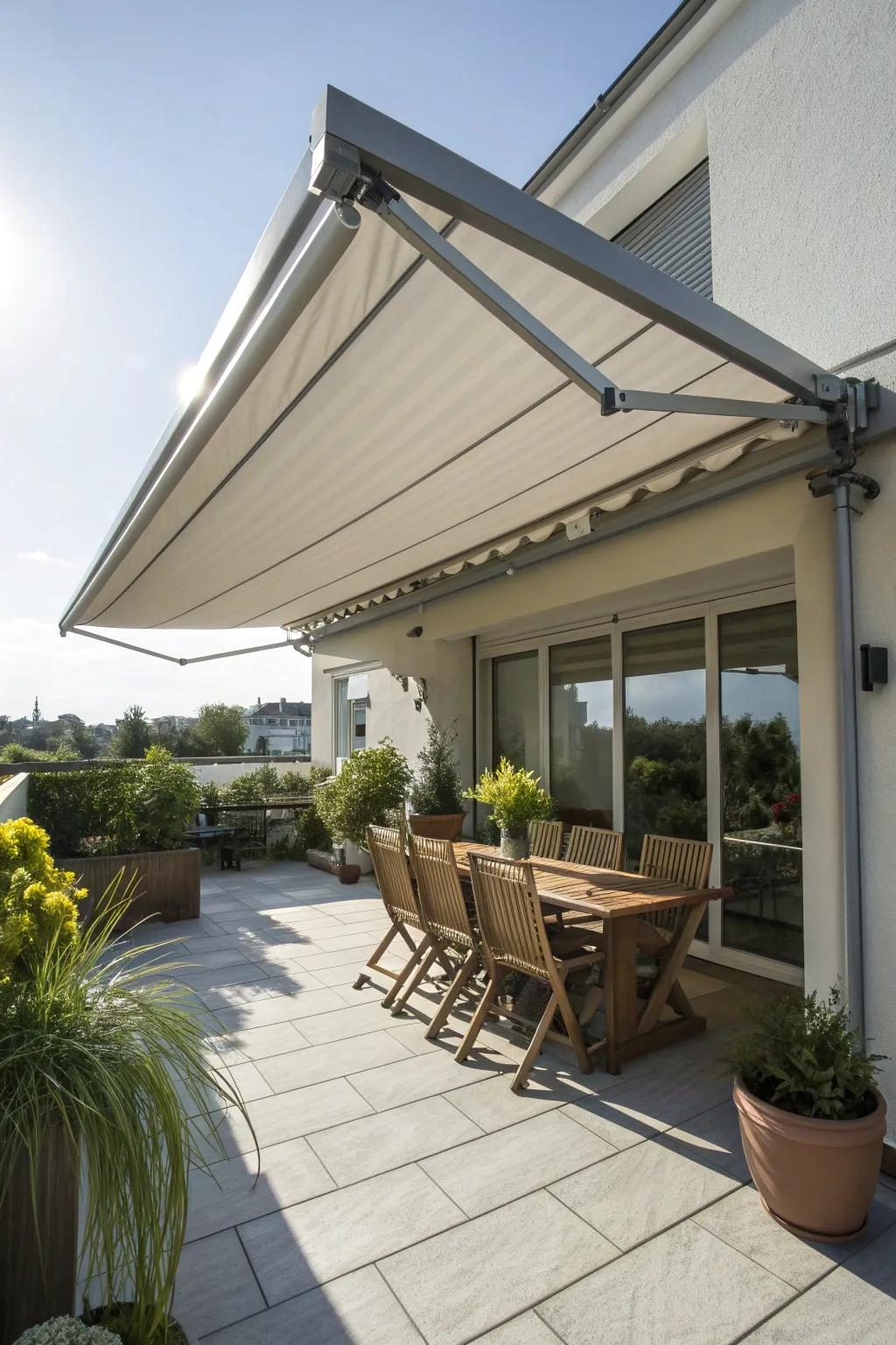 A sunny patio featuring a retractable metal awning for adjustable shade.