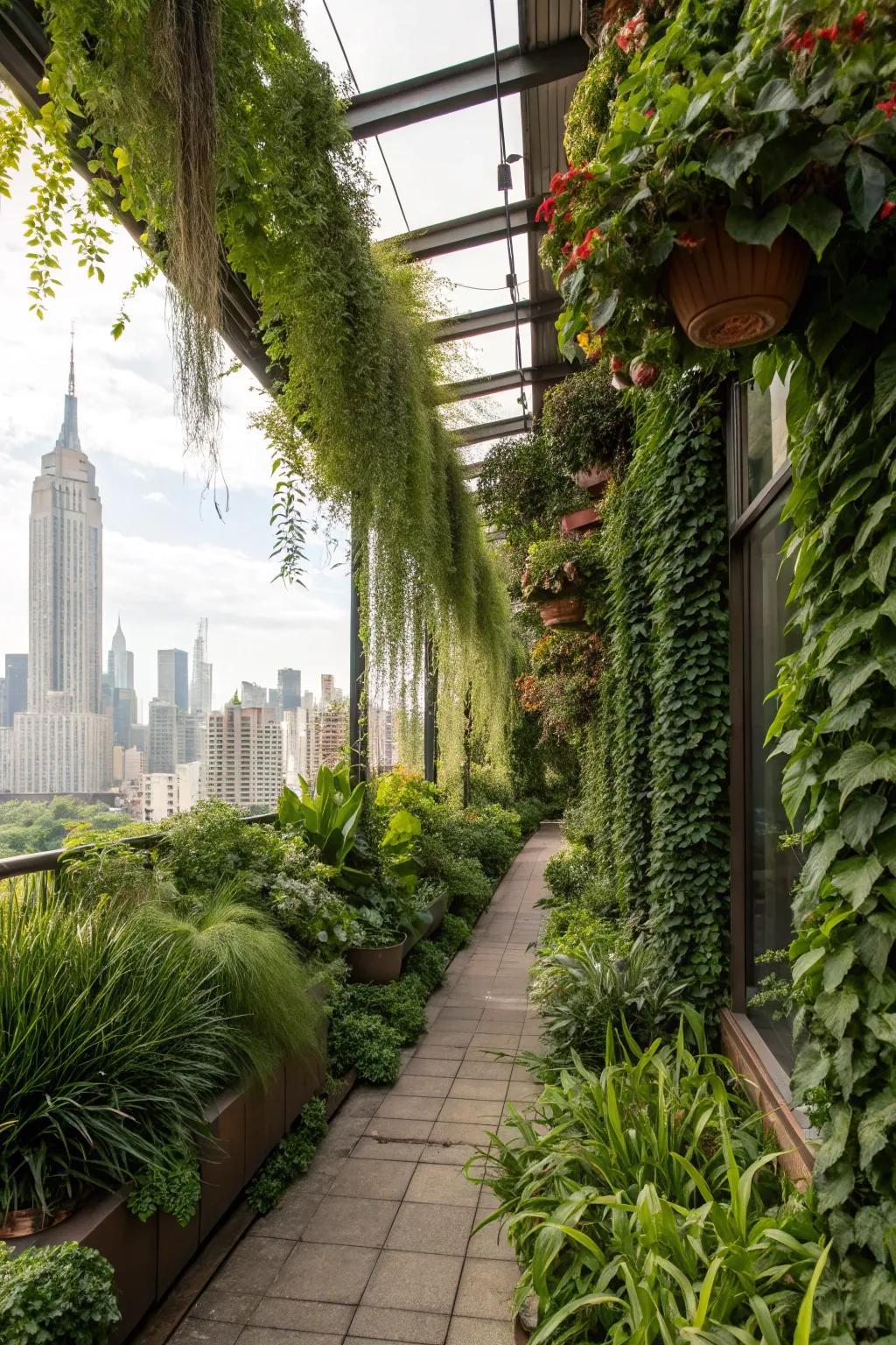 An urban jungle with vertical gardens and lush greenery.