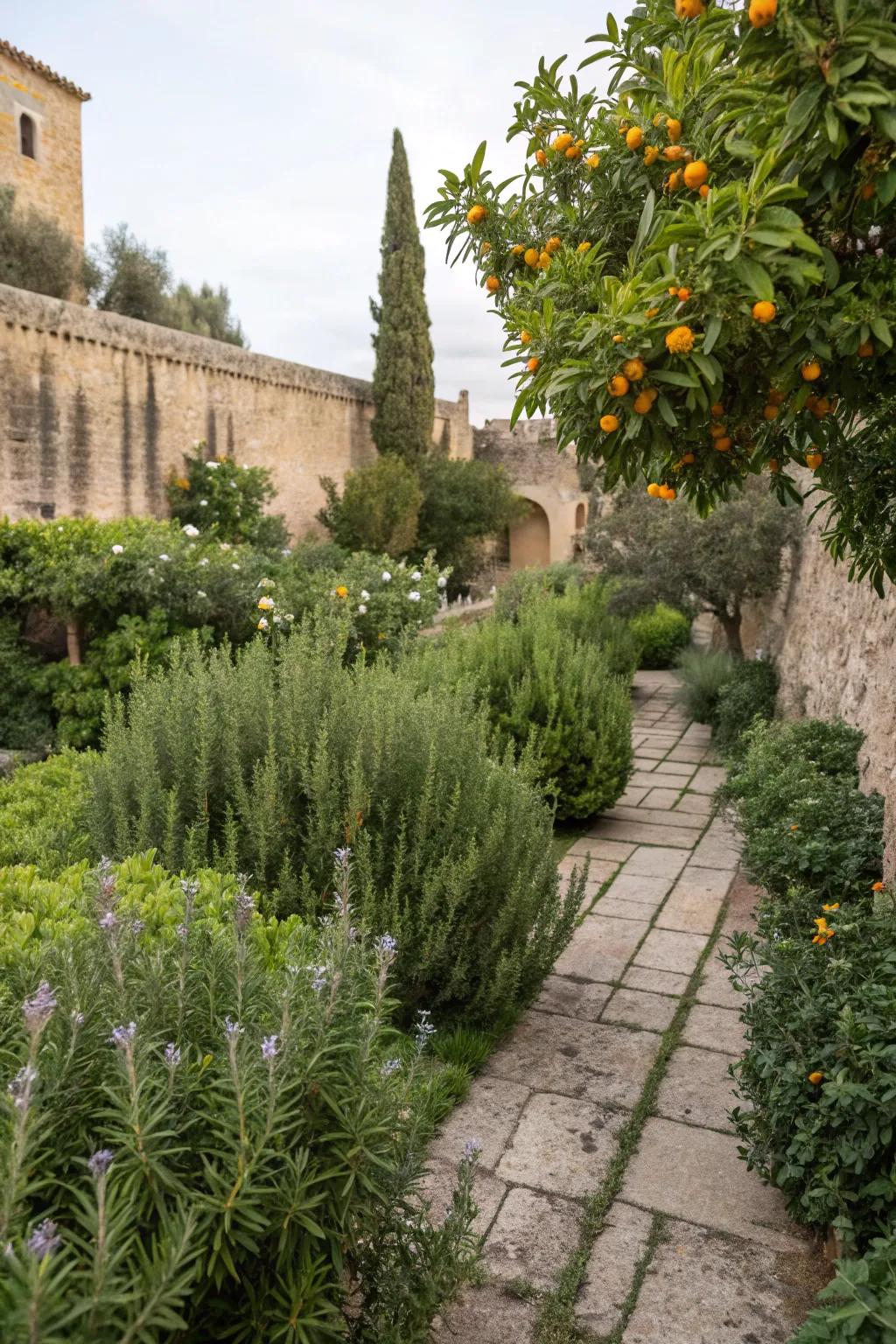 A Mediterranean-themed garden filled with rosemary and citrus.