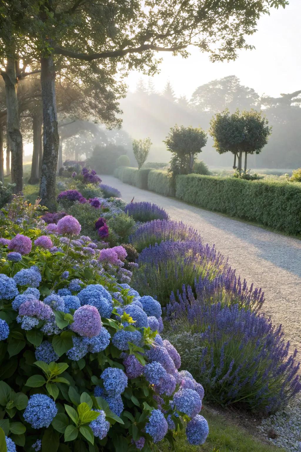 A calming blue and purple themed garden with hydrangeas and lavender.