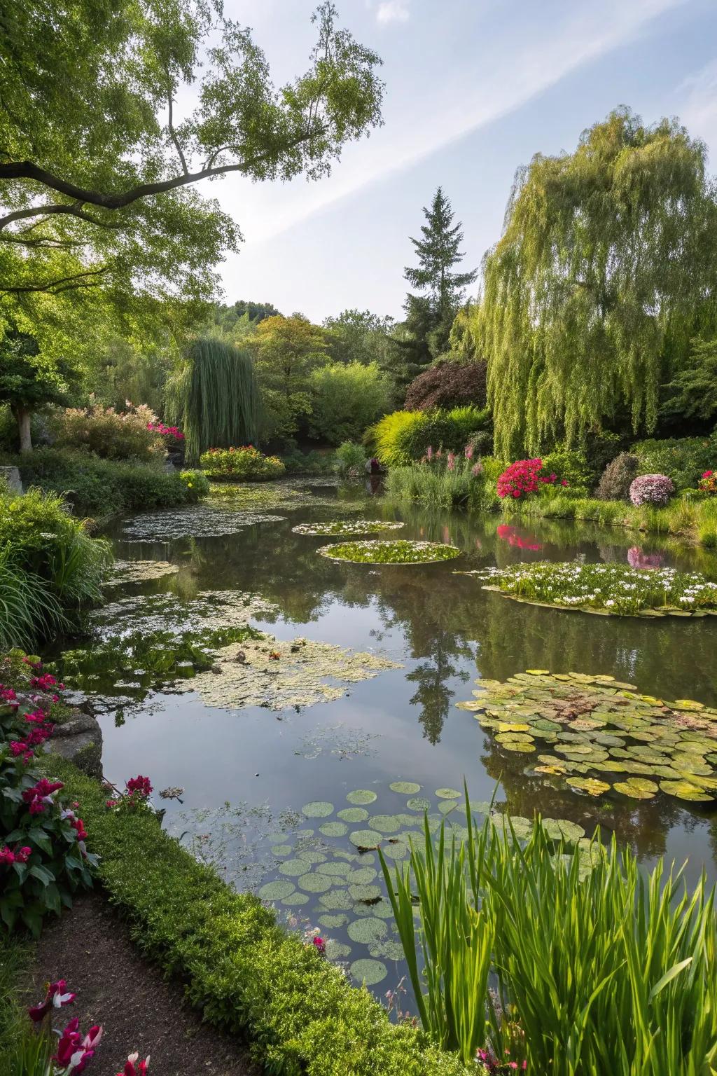 An aquatic oasis with a pond and tranquil surroundings.