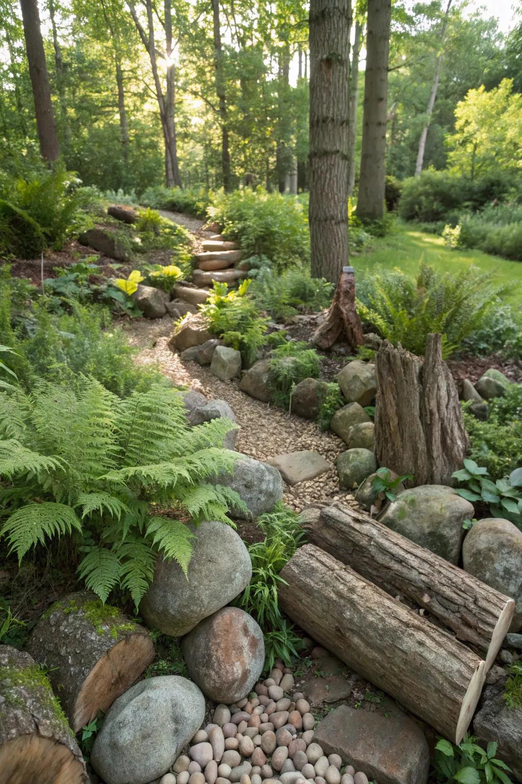 A rustic woodland garden with logs and ferns.
