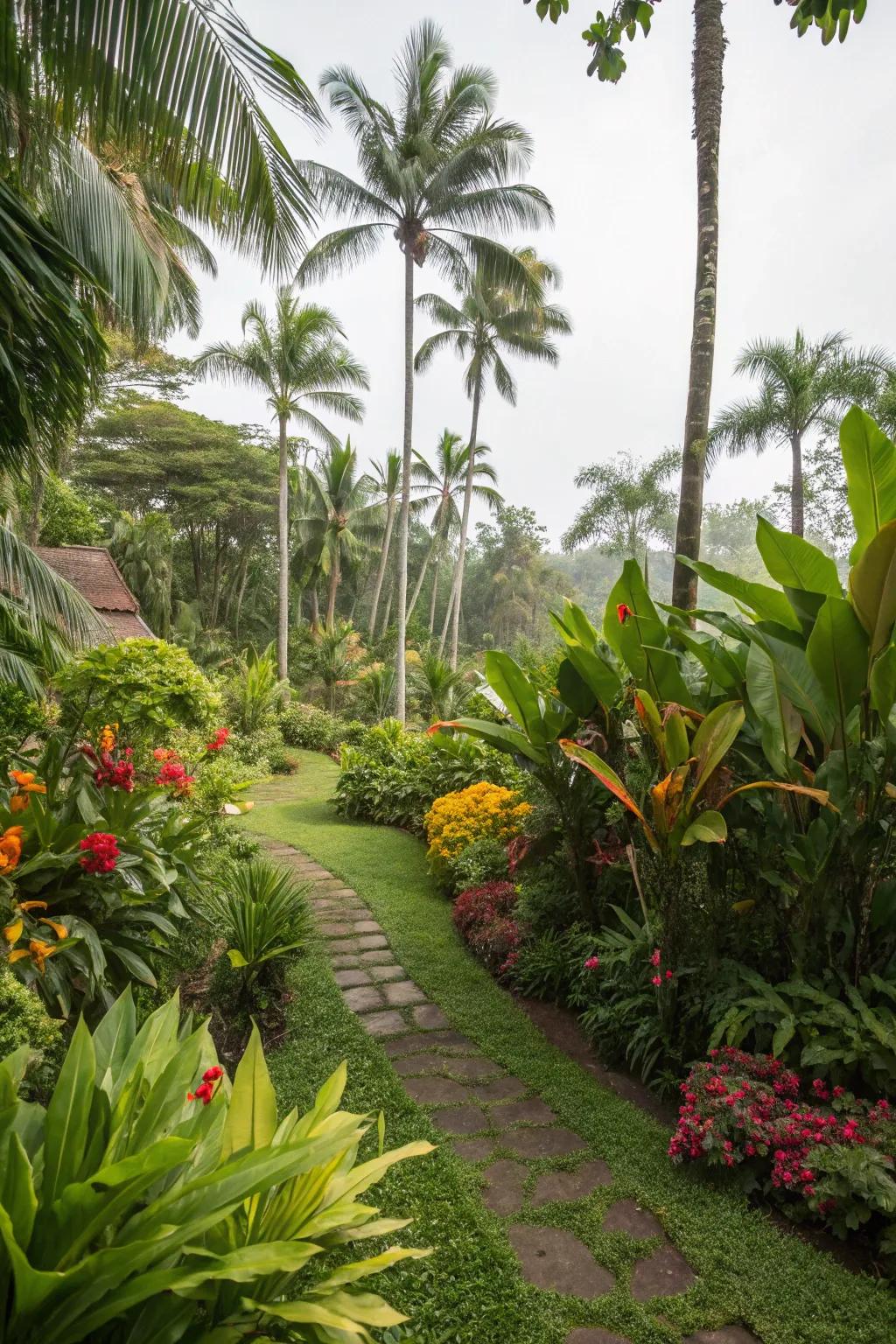 A tropical paradise with lush, exotic greenery.