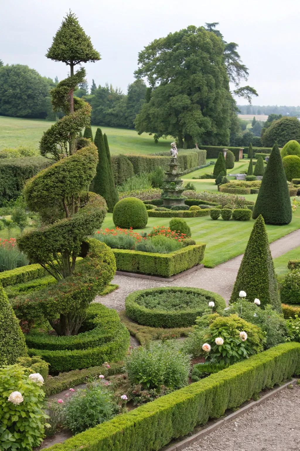 A sculpted topiary garden with artfully shaped greenery.