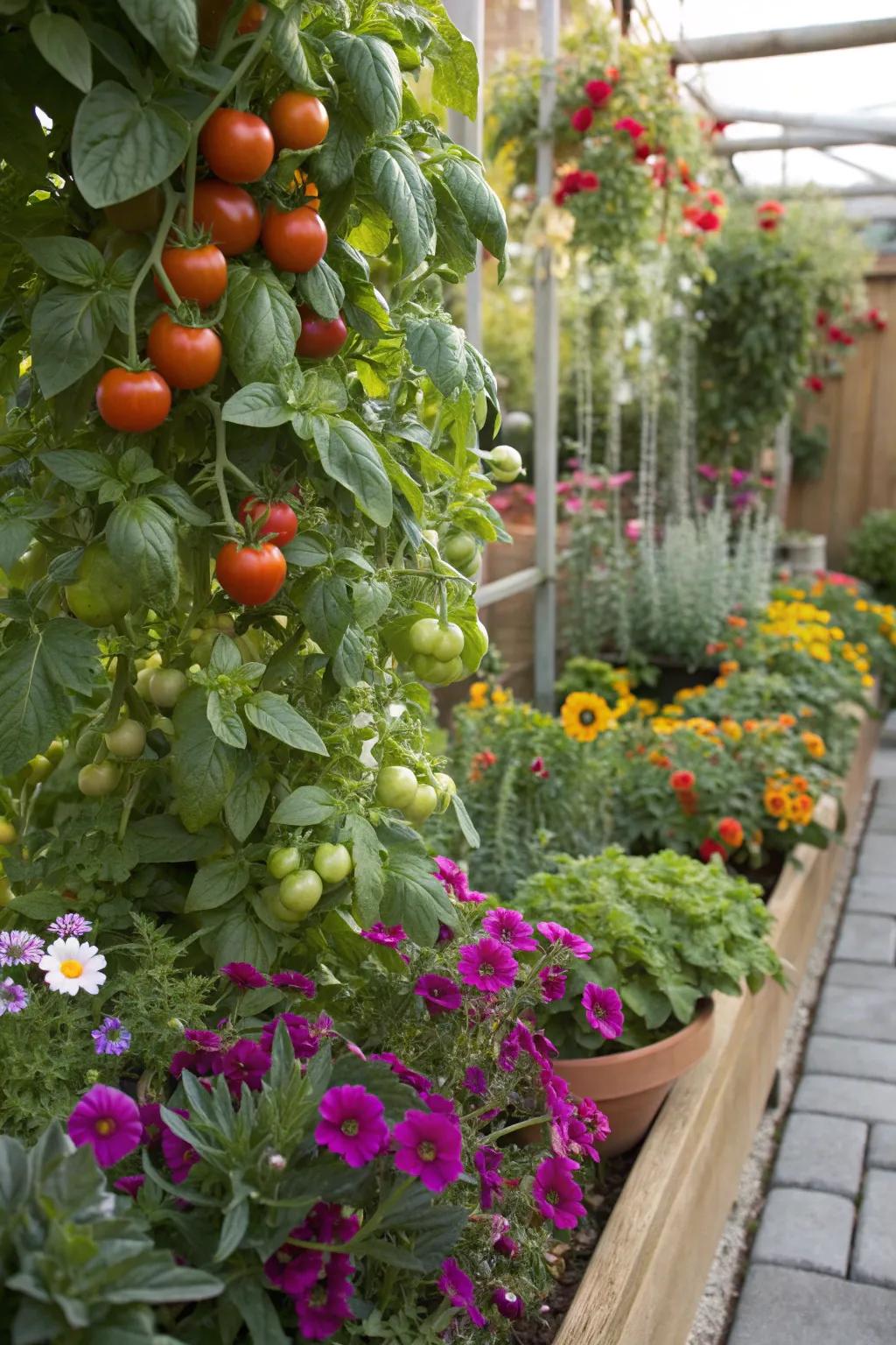An edible landscape blending tomatoes and basil with ornamental blooms.