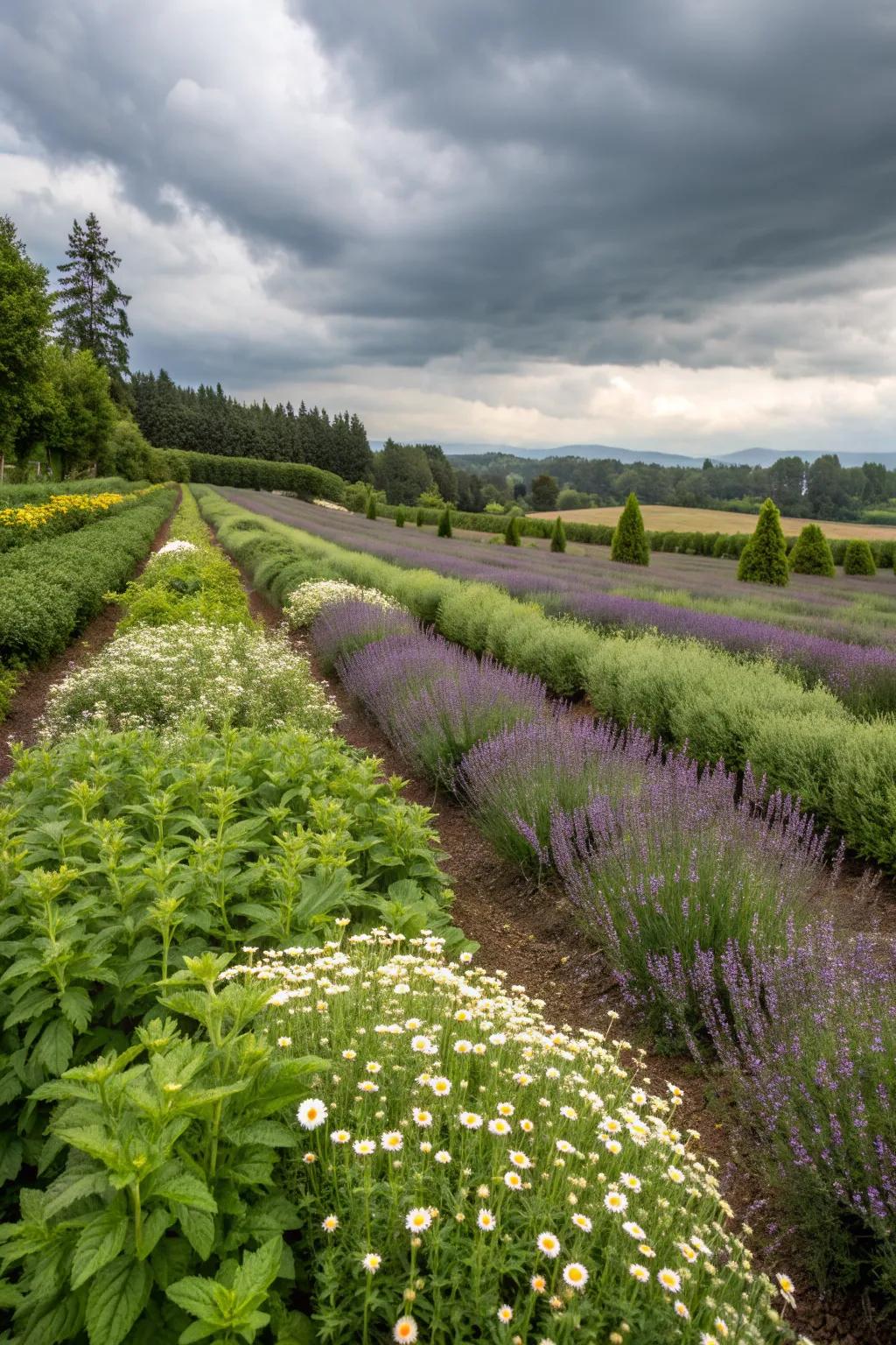 An herbal tea garden with mint and chamomile for fresh brews.