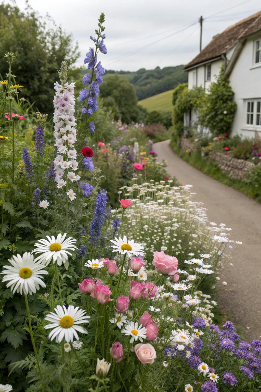 A charming cottage garden with a delightful mix of daisies and roses.