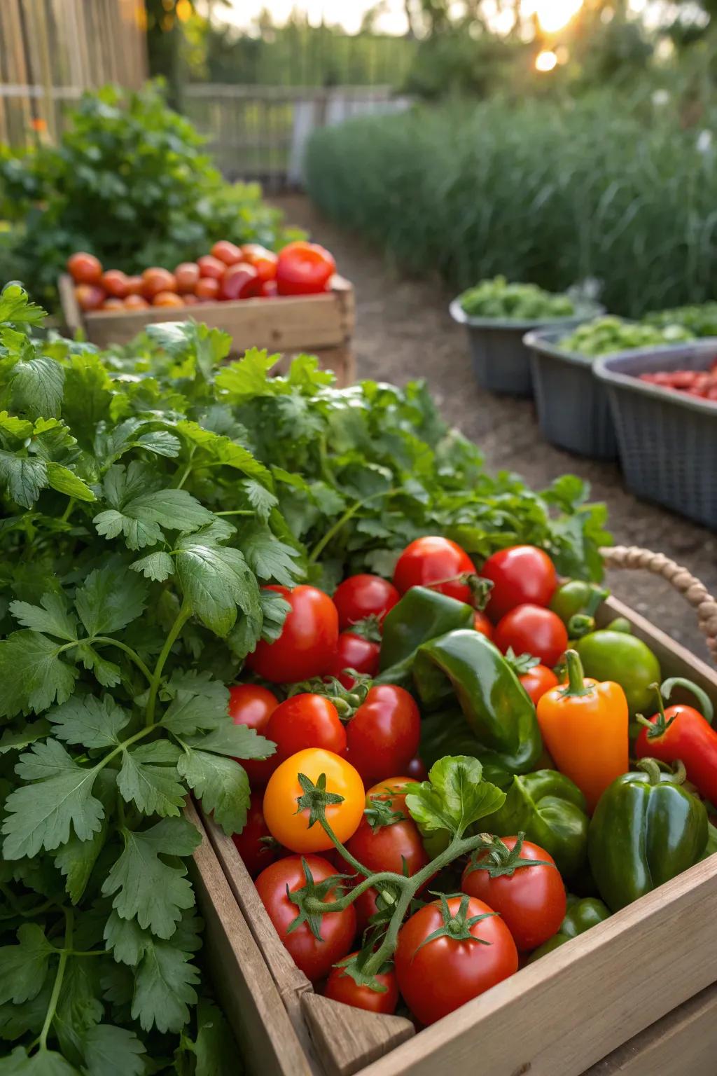 A vibrant salsa garden with fresh tomatoes and peppers.