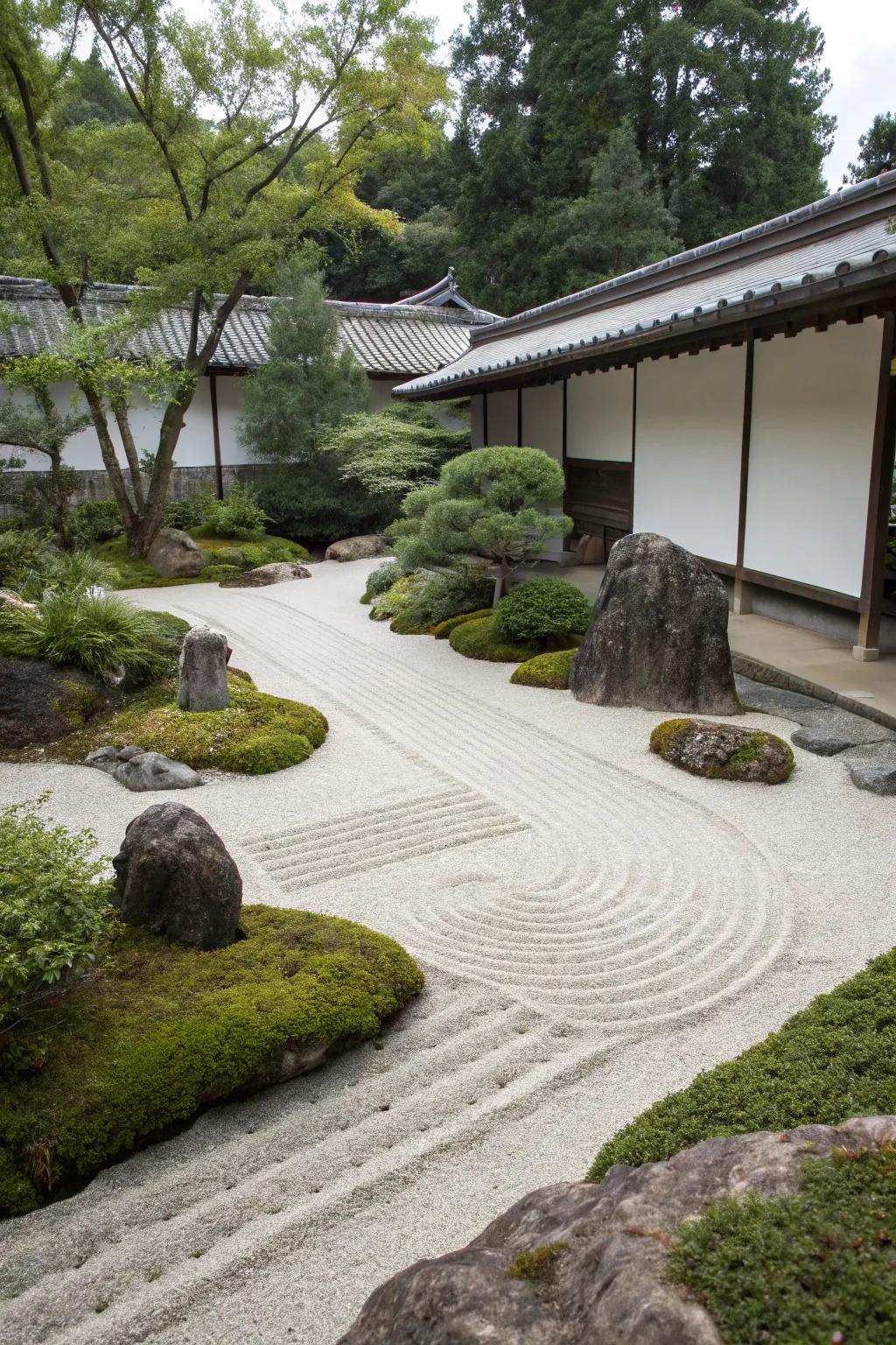 A tranquil Zen garden featuring raked sand and stones.