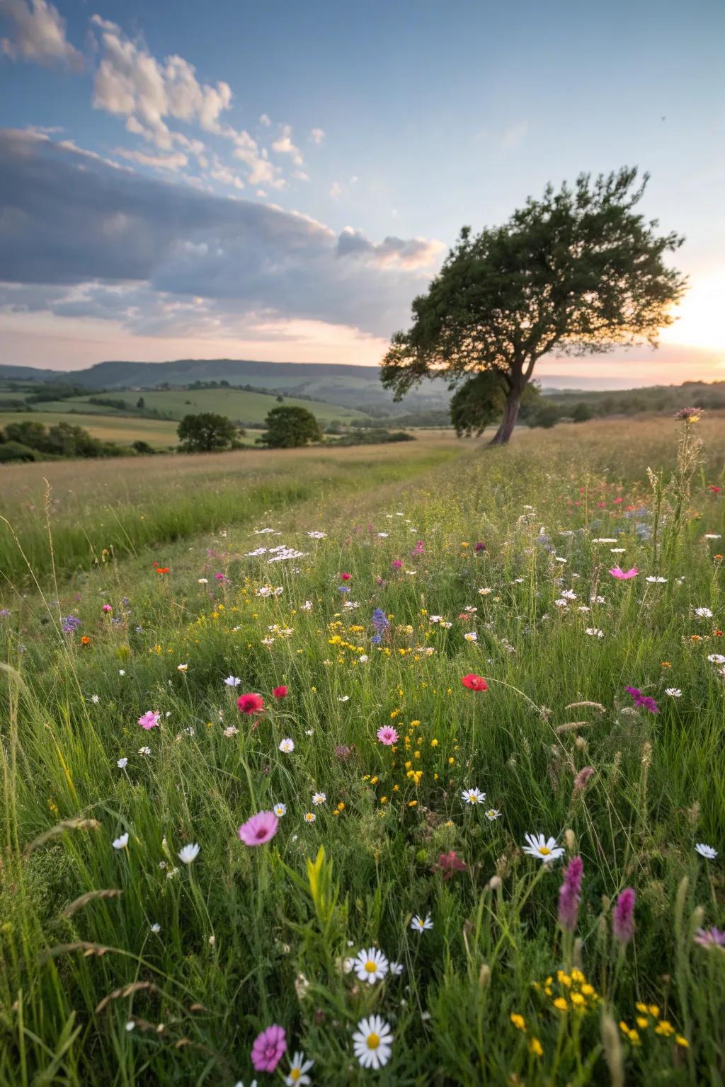 A vibrant wildflower meadow full of diverse blooms.