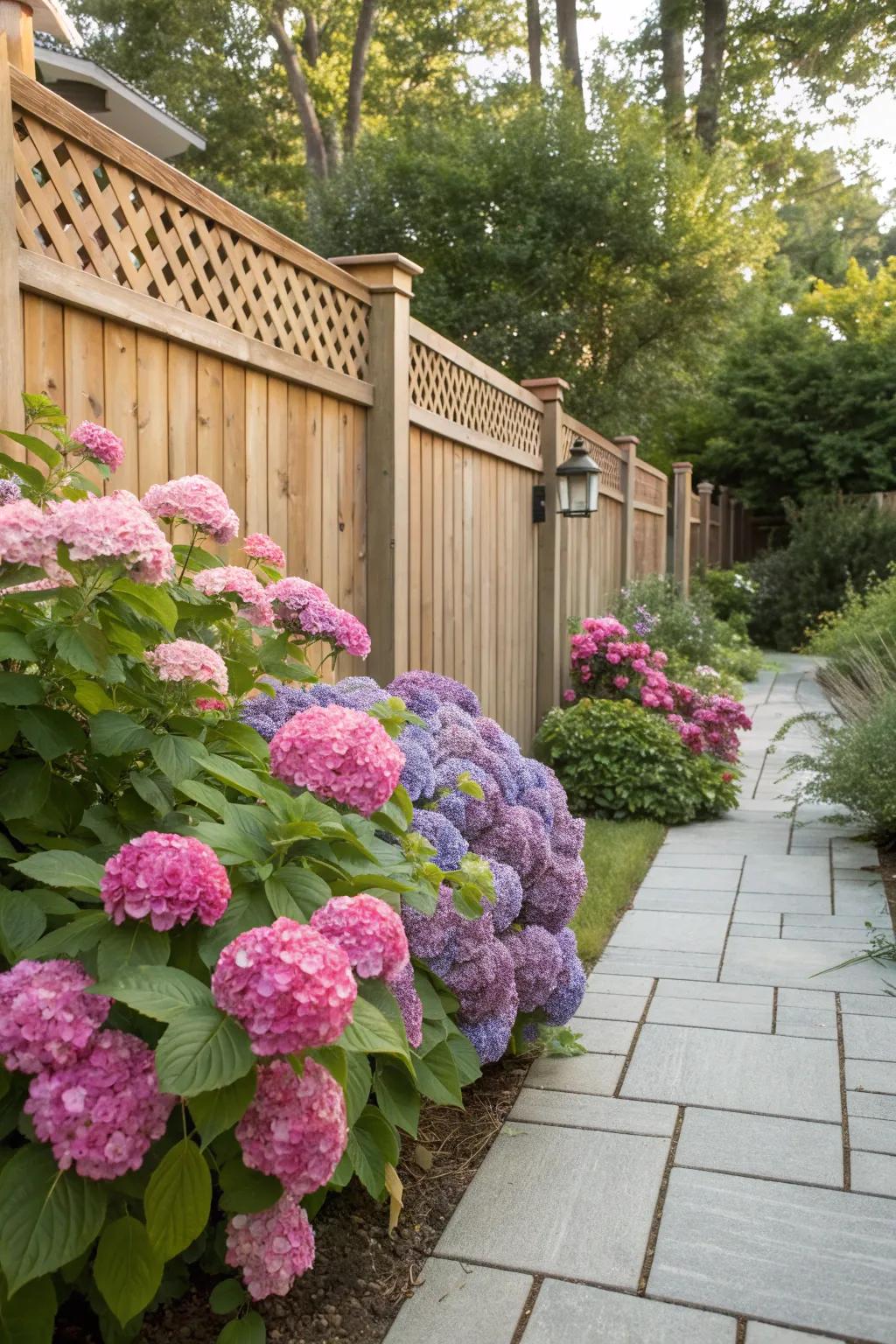 Enhance fences and patios with hydrangea accents.