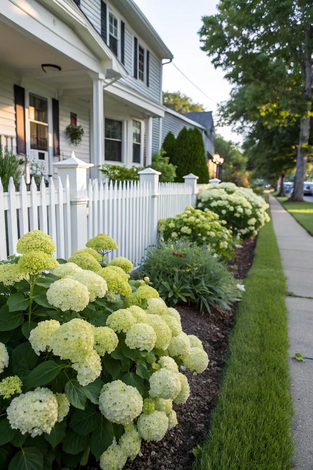 Foundation plantings of limelight hydrangeas add elegance and structure.