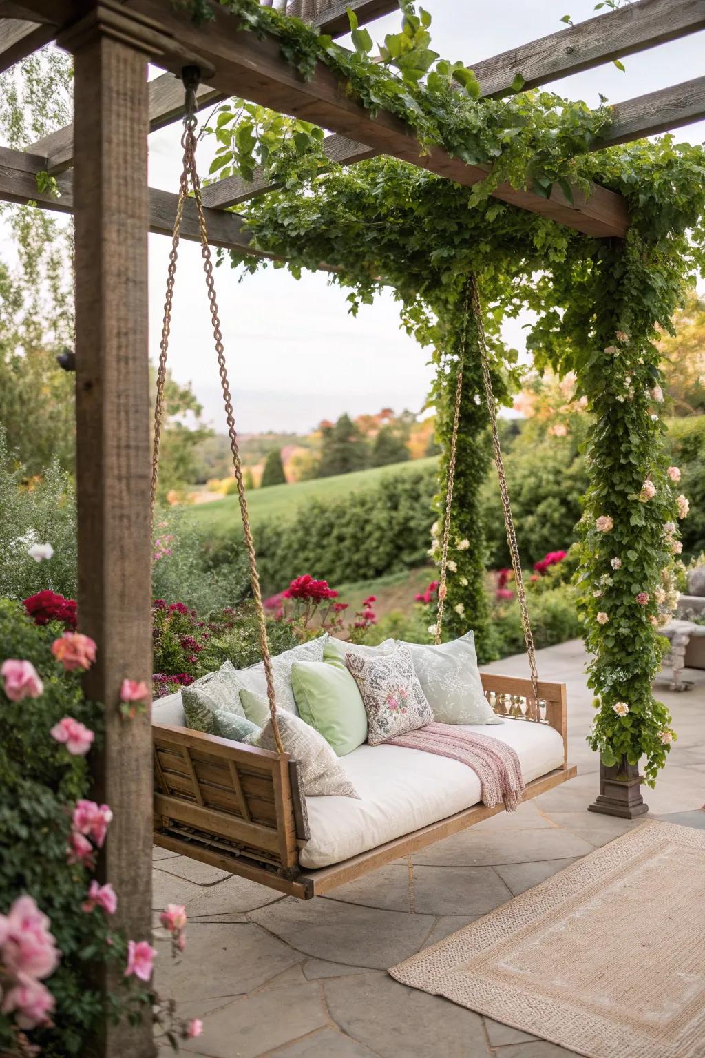 A pergola with a swing for relaxation.