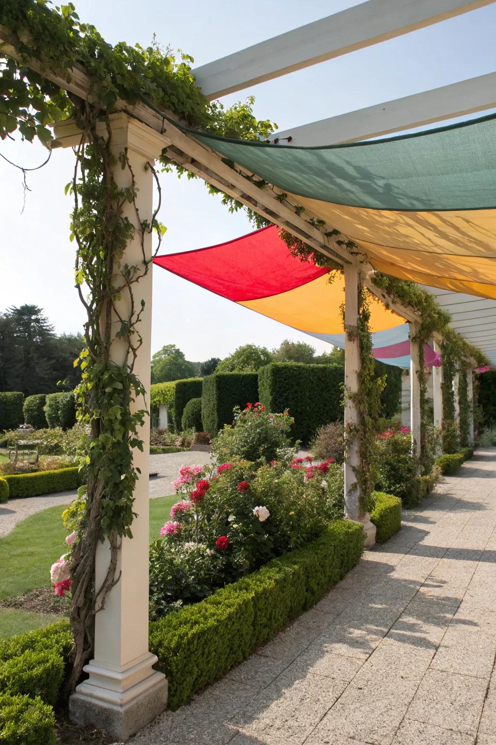 A pergola enhanced with a colorful shade sail.