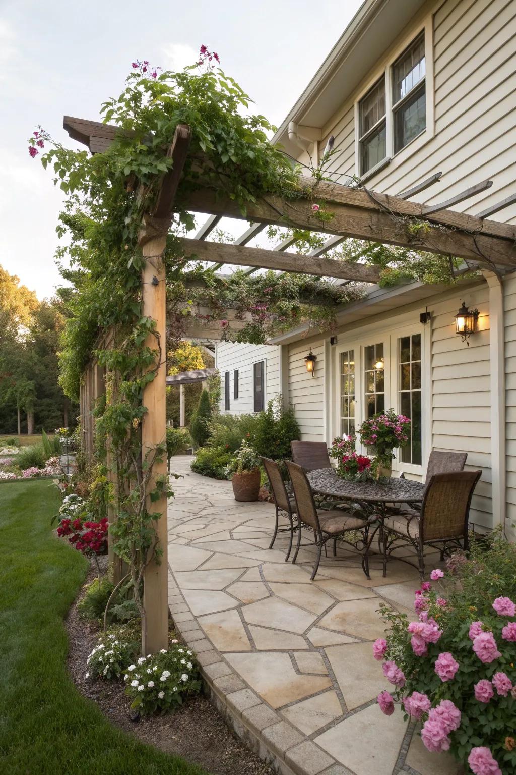 An attached pergola extending the living area.