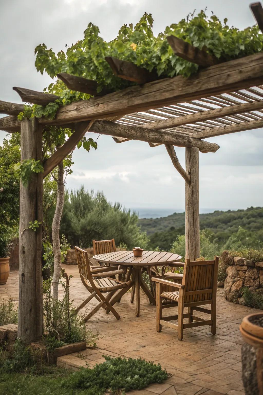 A charming rustic wooden pergola.