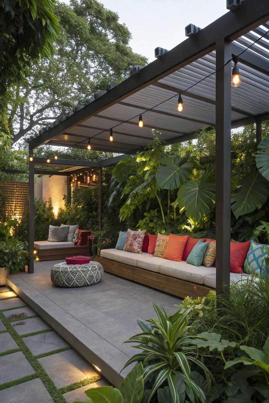 An inviting outdoor living room under a pergola.