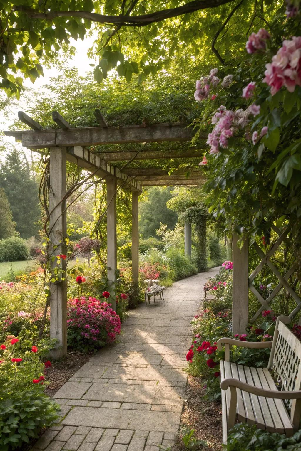 A pergola nestled within a garden oasis.