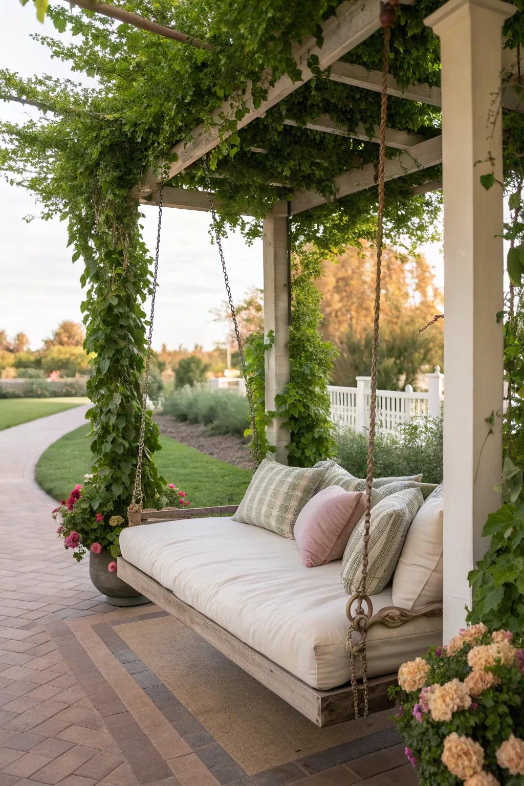 A swing bed creating a cozy retreat under a pergola.