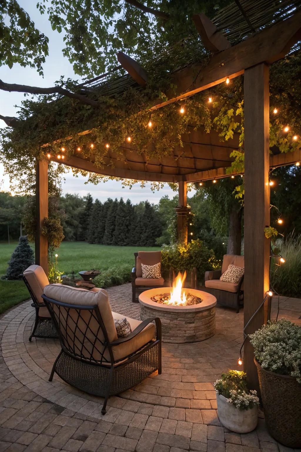 A welcoming fire pit under a pergola.