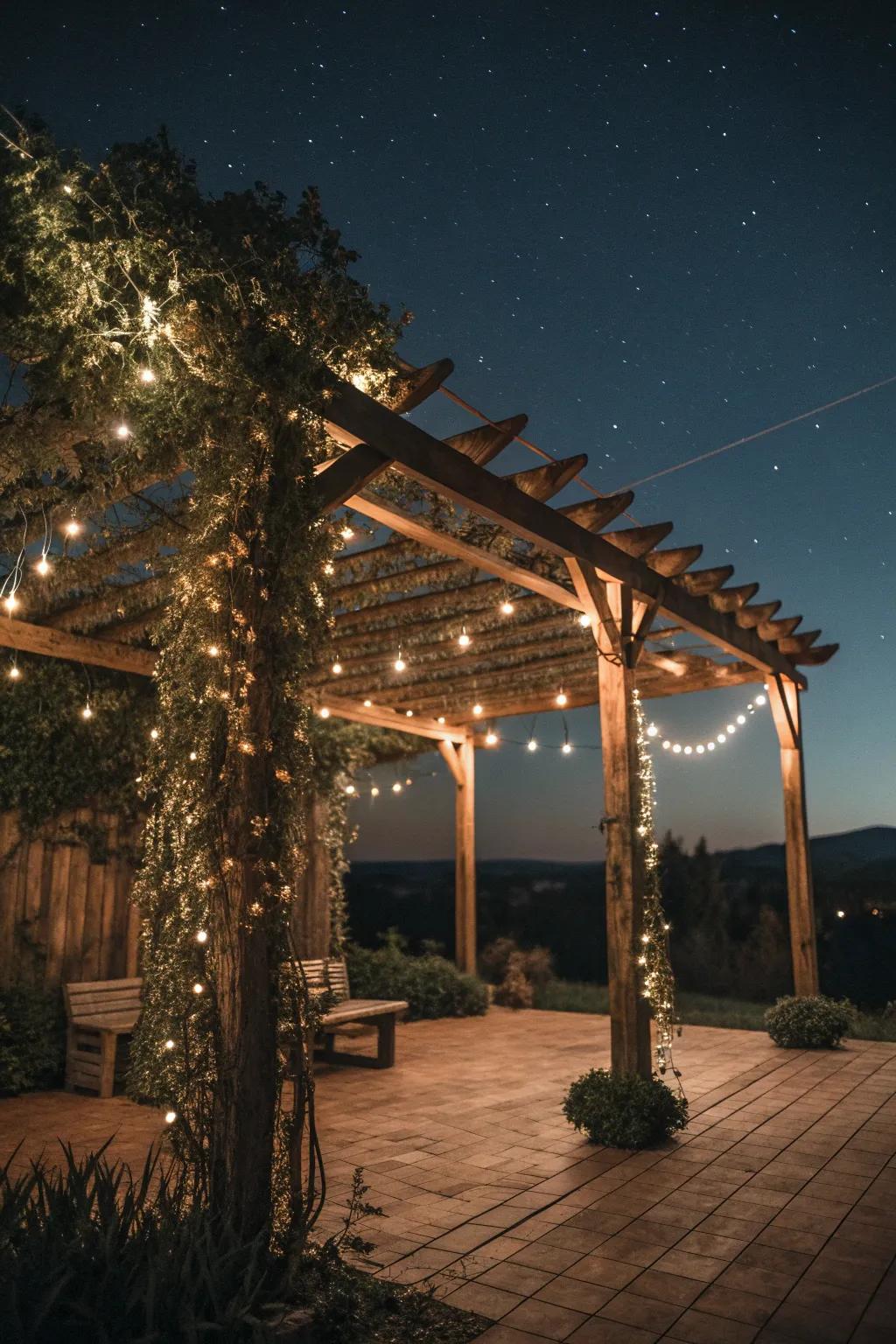 String lights adding a magical glow to a pergola at night.