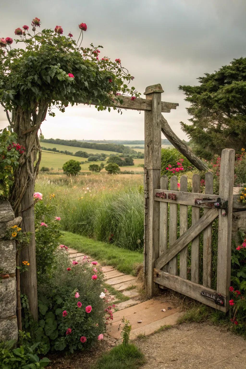 A rustic wooden gate that exudes farmhouse charm and simplicity.