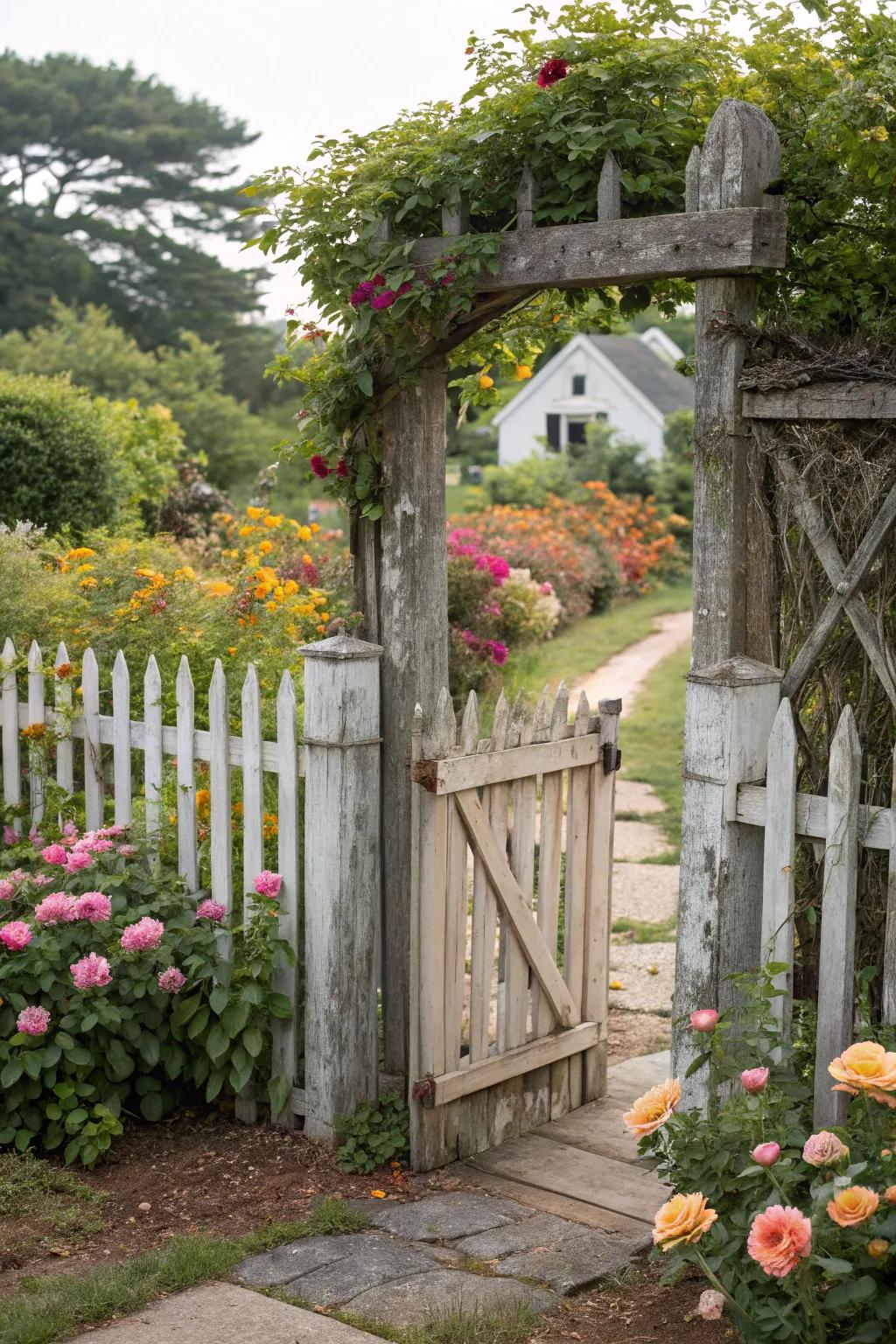 A classic wooden gate, perfectly complementing a vibrant floral garden.