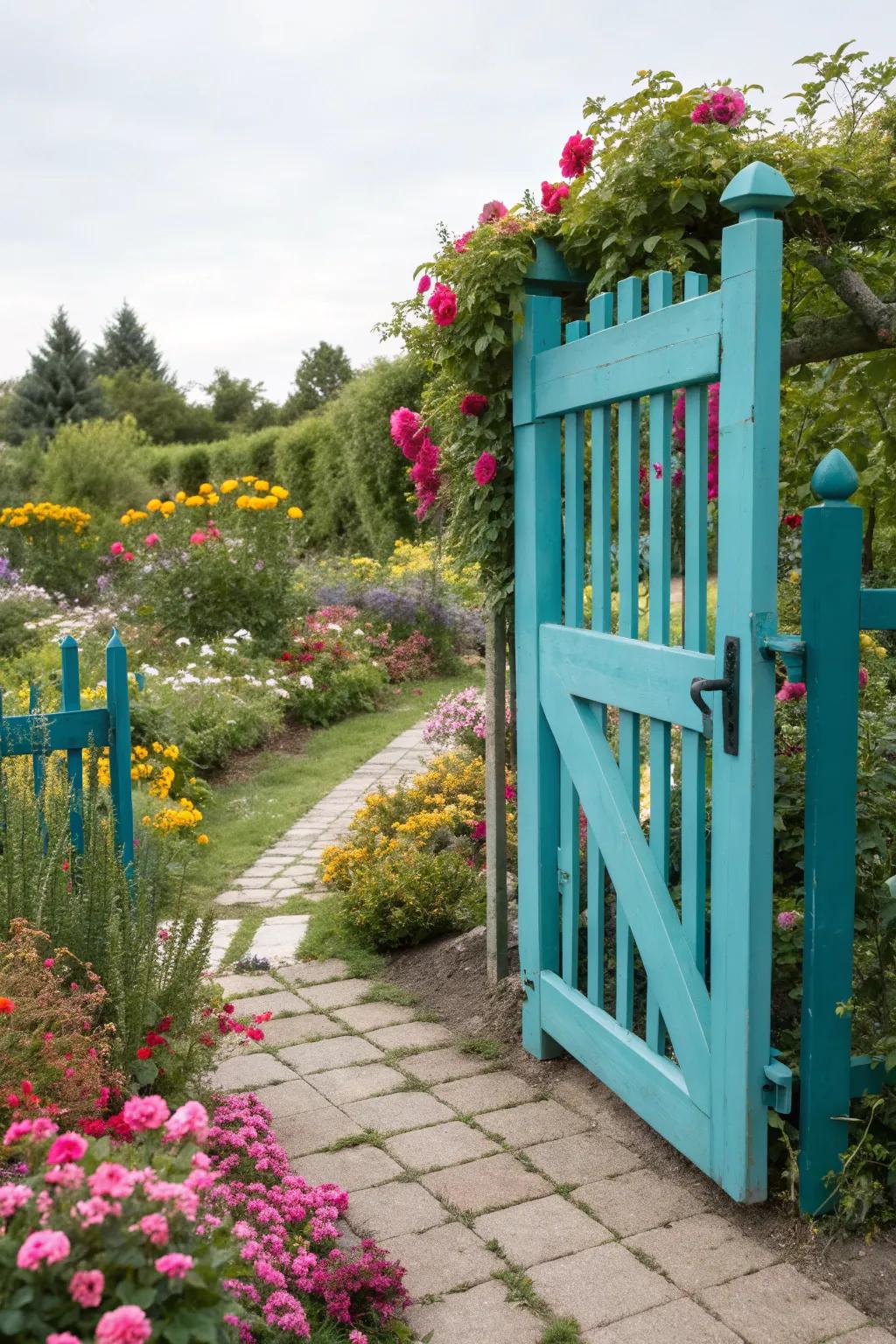 A painted garden gate that adds a cheerful pop of color to the garden.
