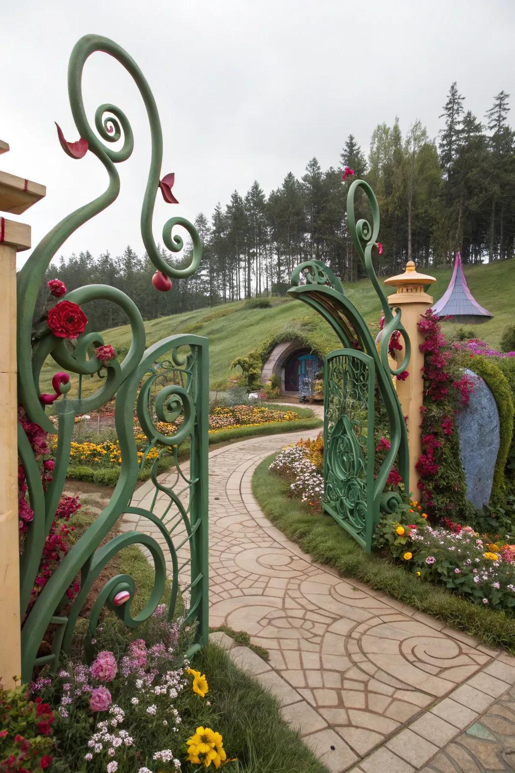 A whimsical gate adding a touch of fantasy to the garden.