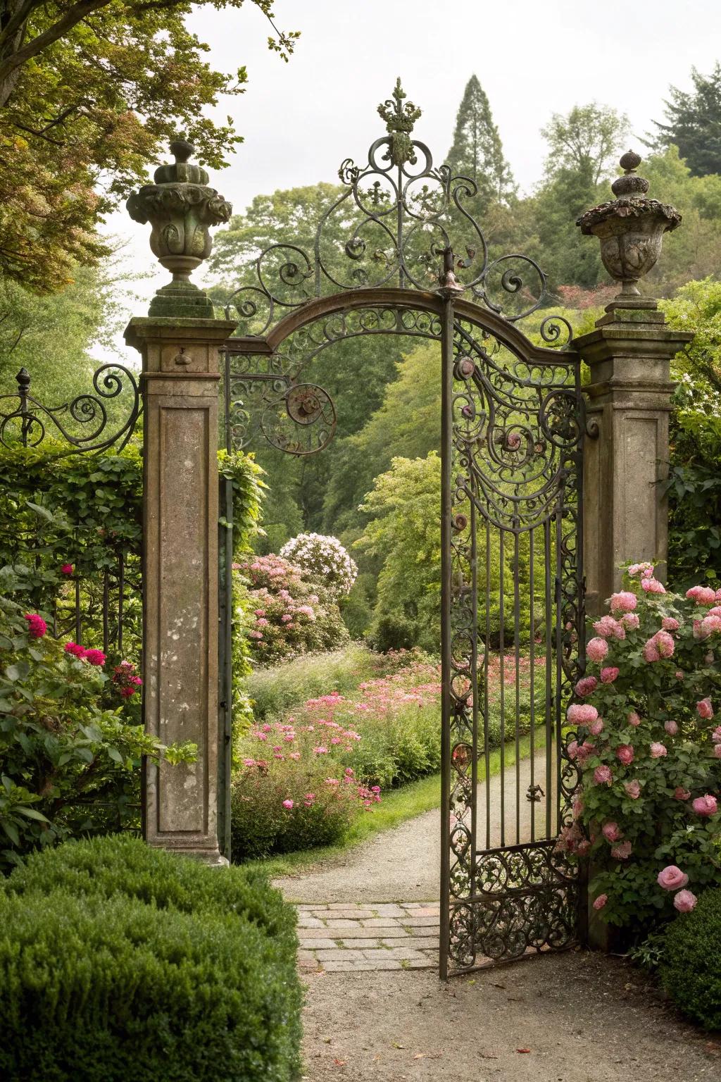 An exquisite wrought iron gate, adding elegance to any garden setting.