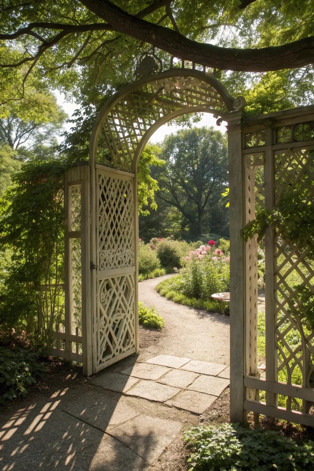 A latticework gate that combines elegance with an airy design.