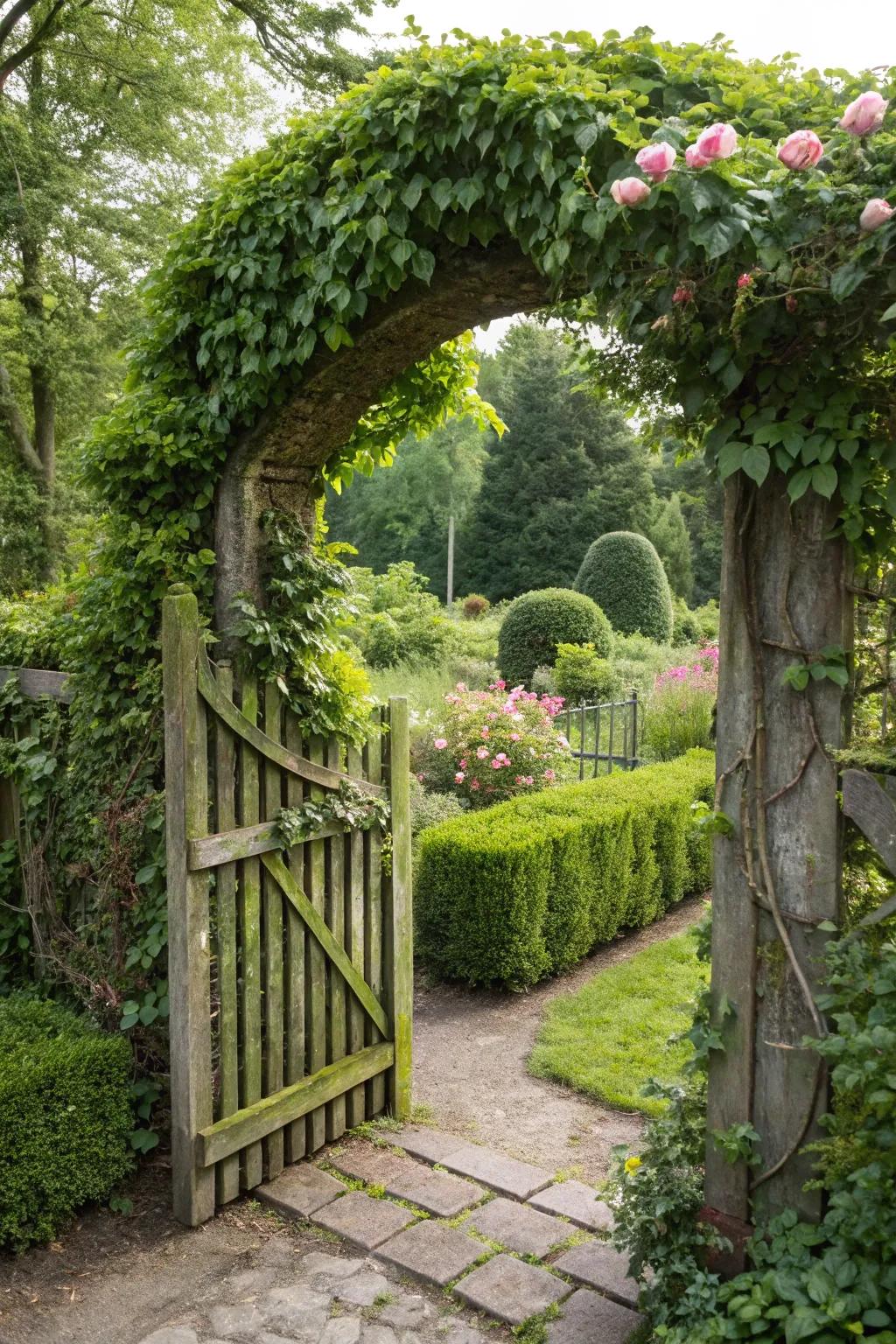 A living gate entwined with greenery, merging with the garden's natural beauty.
