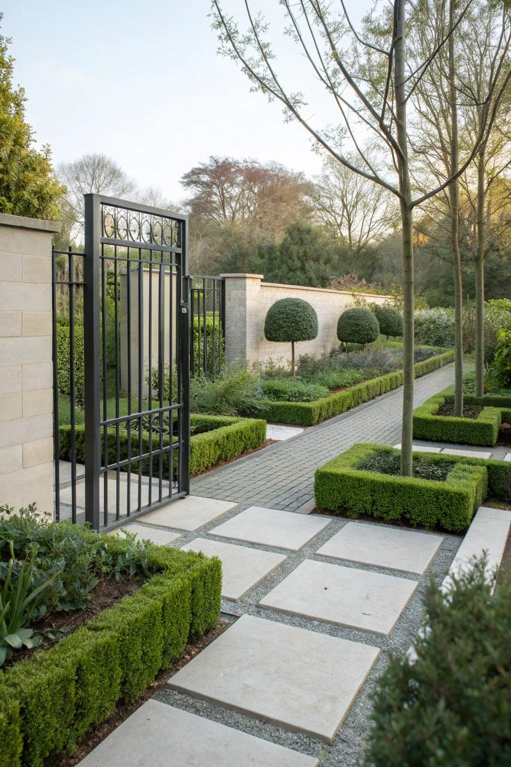 A minimalist metal gate, ideal for a sleek and modern garden look.