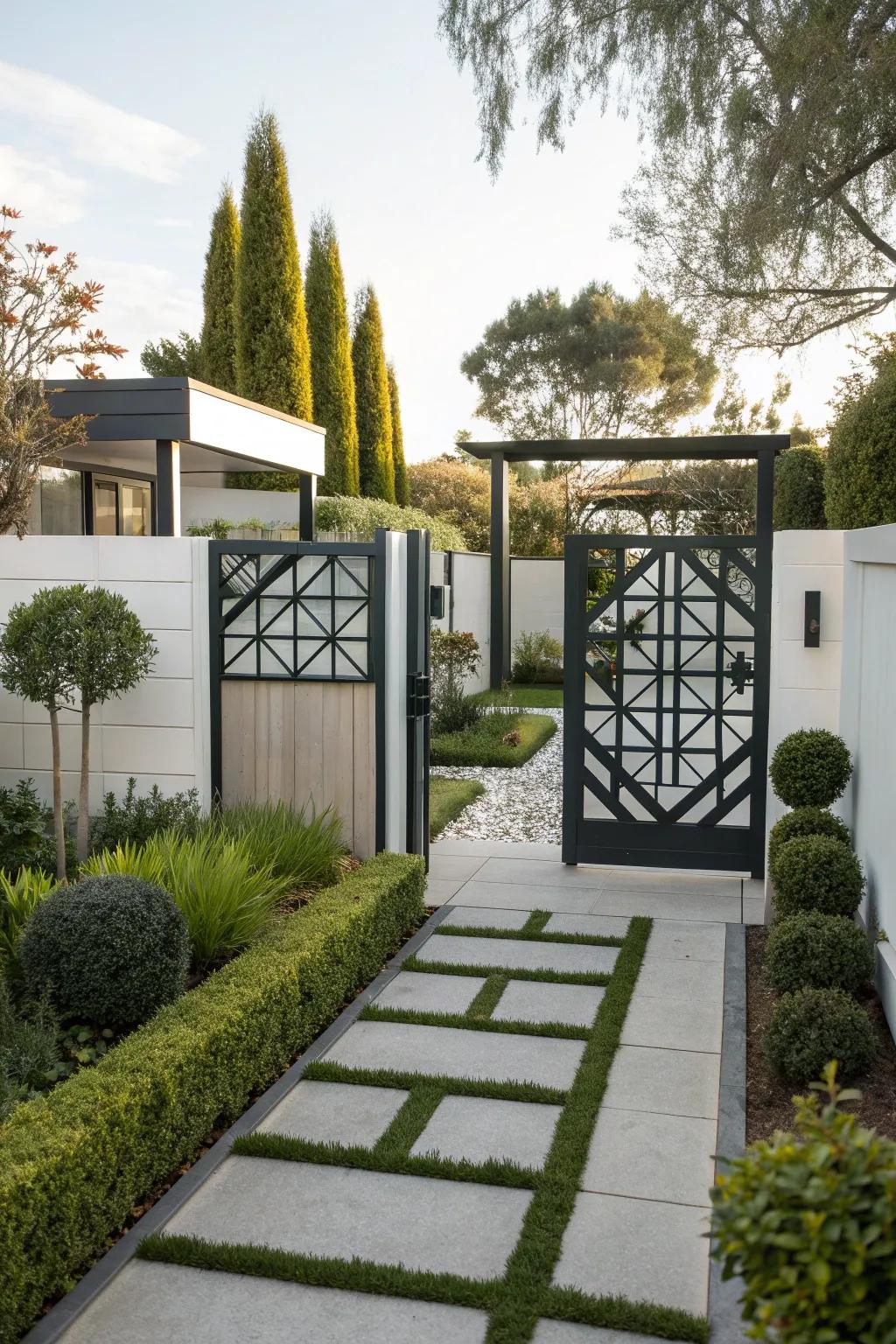A geometric gate making a bold statement in a modern garden.