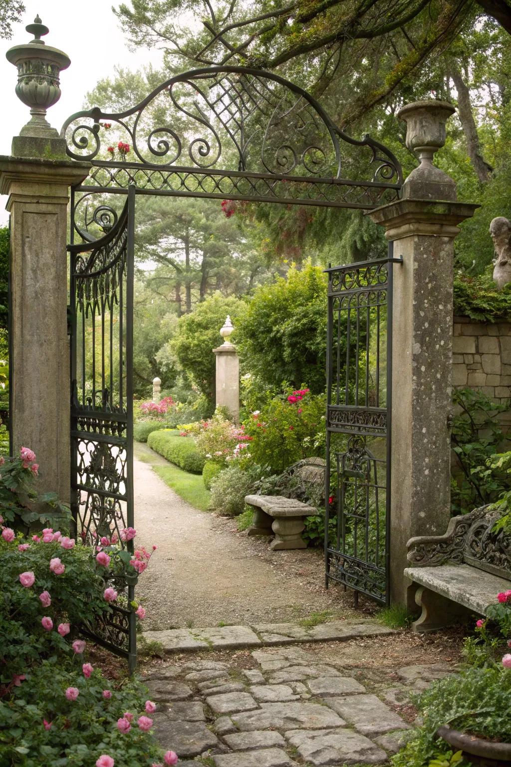 An antique gate adding historical elegance to a classic garden.